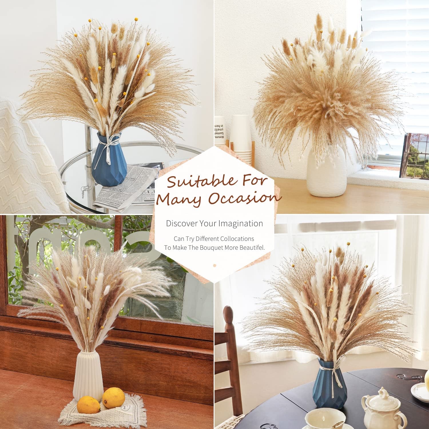 135Pcs Dried Pampas Grass Dried Flowers Home Decor Arrangement Plant Wedding Part Dried Flowers Decorations Natural Boho Pampas Grass Bouquet White Small Fluffy Reed Bunny Tails