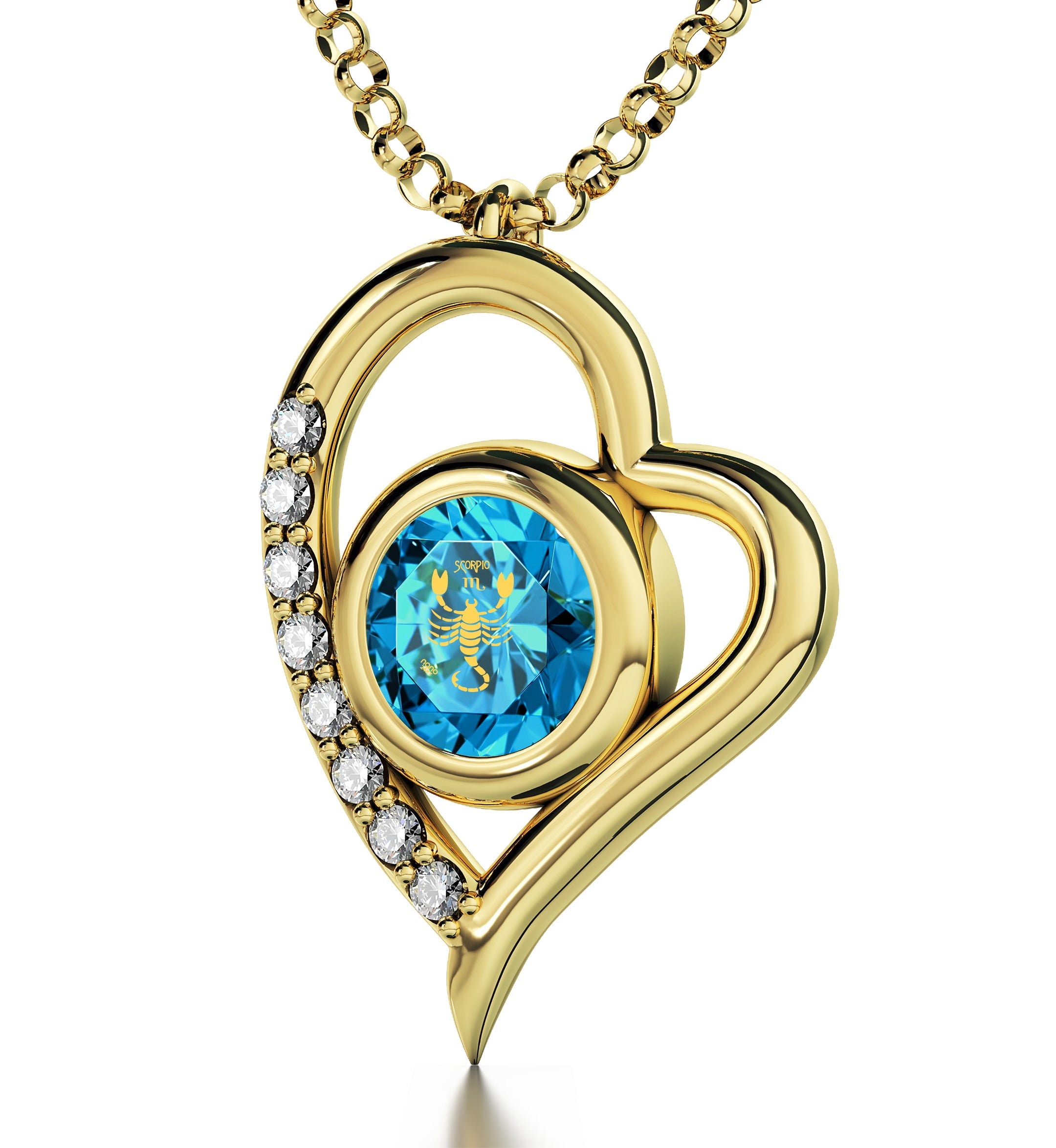 Gold Plated Silver Scorpio Necklace Zodiac Heart Pendant with Swarovski Crystals, on a gold chain, bearing inscriptions on a small attached tag.