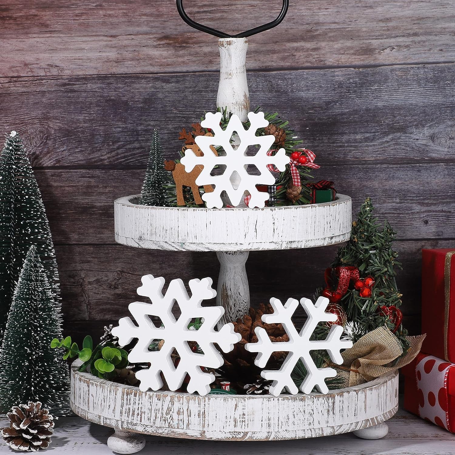 5 Pieces Christmas Wooden Snowflake Decor Winter Snowflake Wood Blocks White Snowflake Table Wood Signs Winter Tiered Tray Wooden Signs for Xmas Party Farmhouse Home Tabletop Shelves