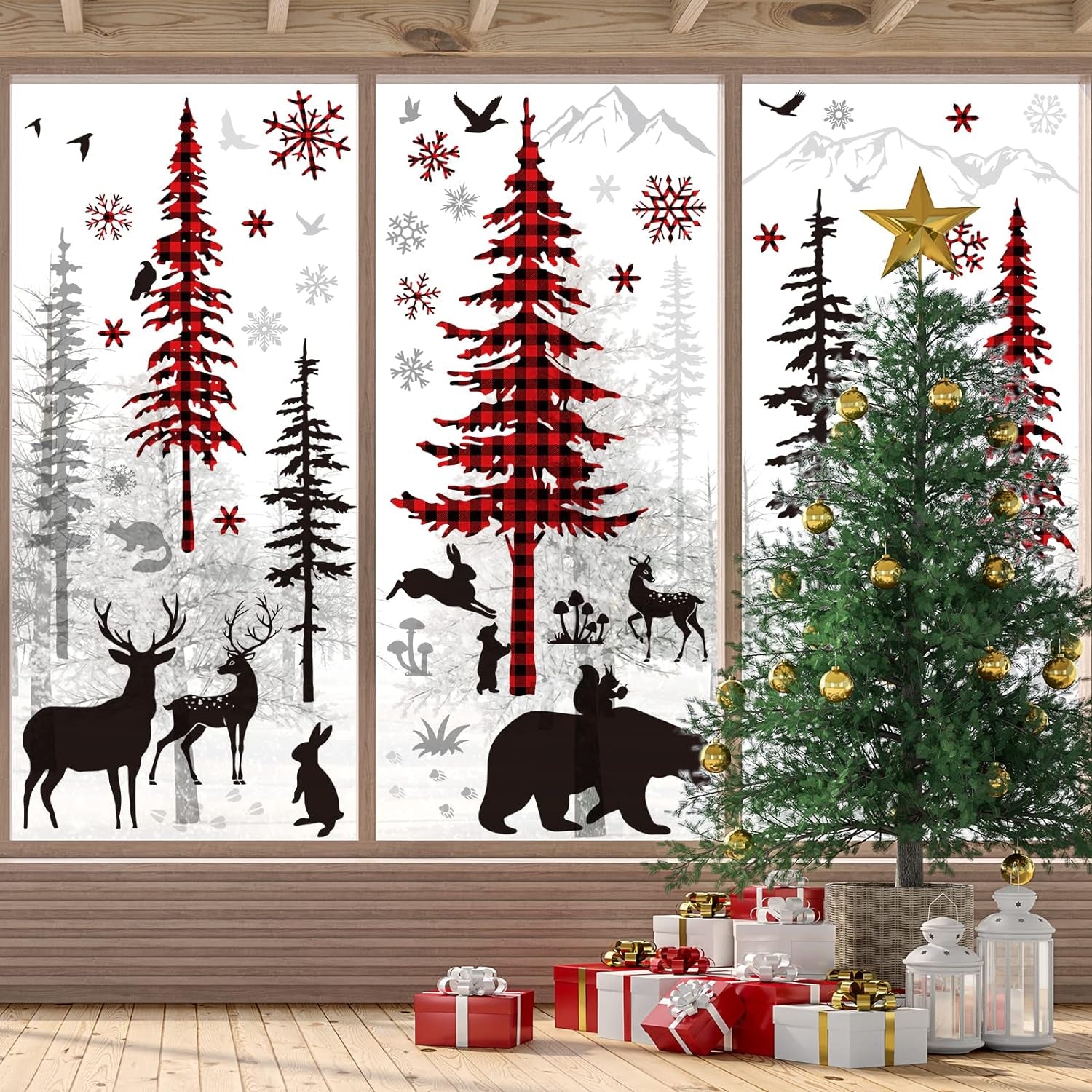 Christmas Wall Stickers Roll Red Black Plaid Xmas Tree Wall Floor Decor Forests Animals Prints Waterproof Art Wallpaper Winter Scenes Double Side Window Decals for Xmas DIY Home Party Decor