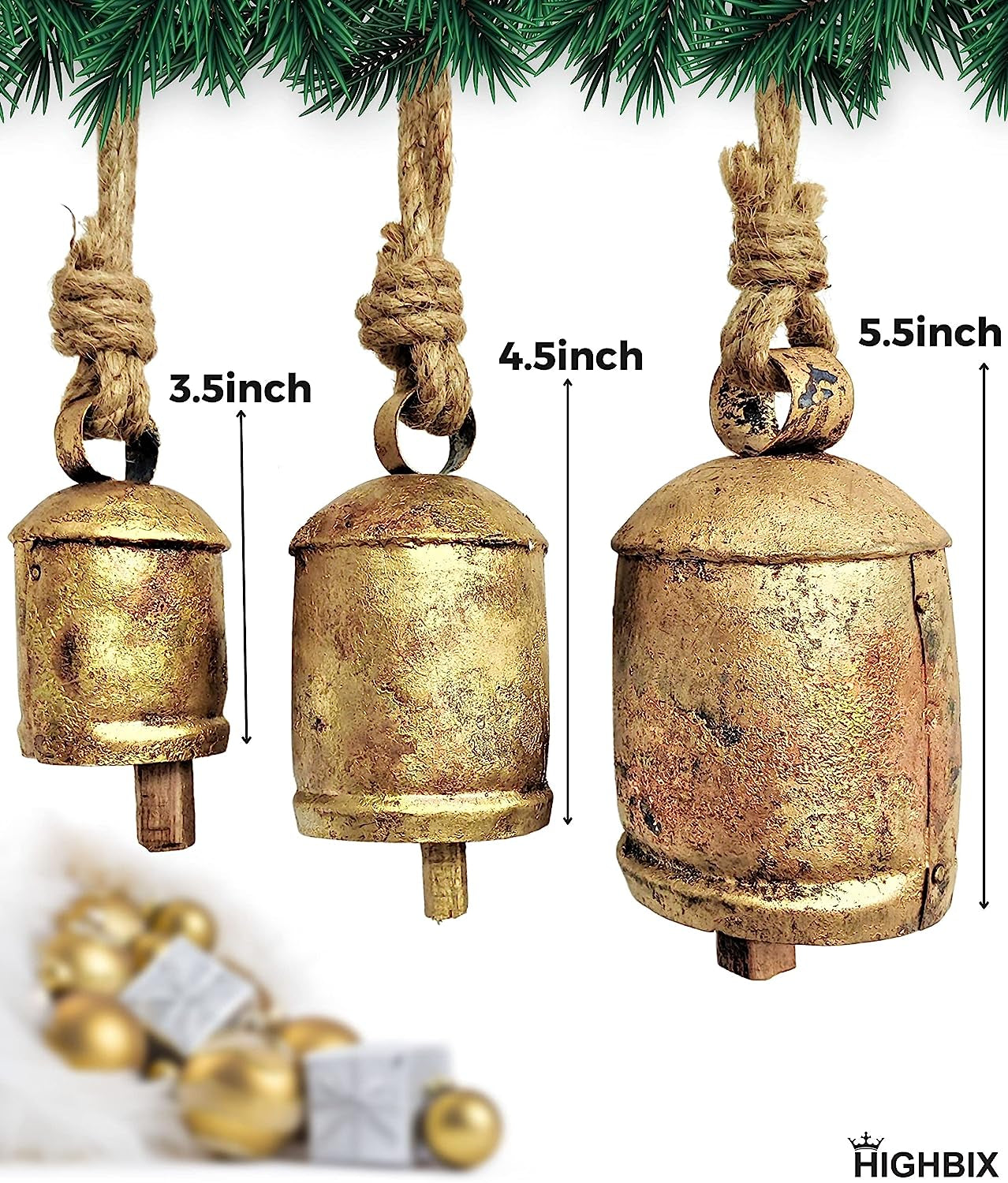 Set of 3 Harmony Cow Bells Vintage Handmade Rustic Lucky Christmas Hanging Bells on Rope