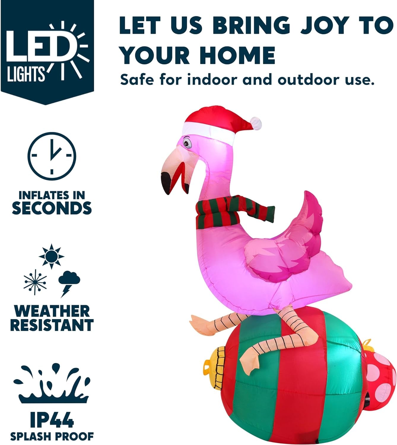 6 Ft Christmas Inflatable Flamingo on Ornament Decorations, Blow up Inflatables with Build-In Leds for Christmas Party Indoor, Outdoor, Yard, Garden, Lawn Décor, Holiday Season