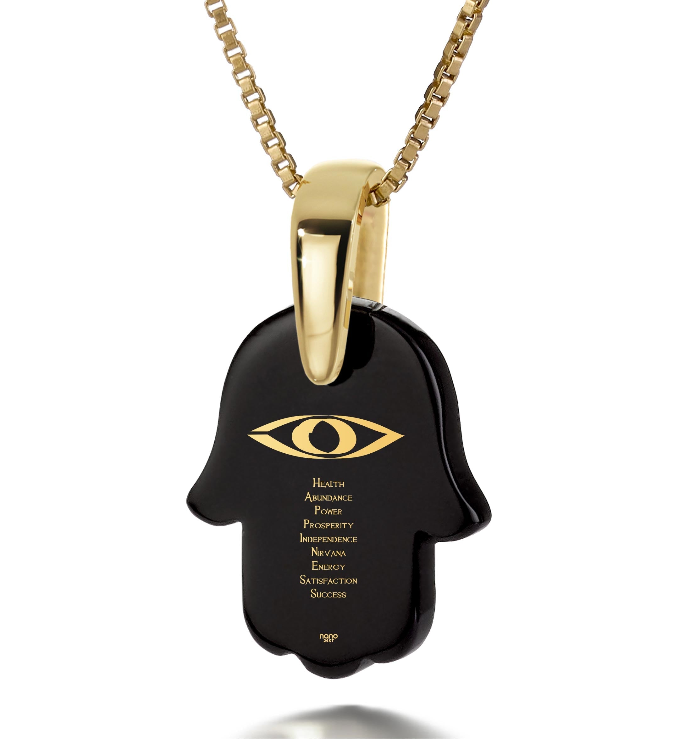 Hamsa Necklace Happiness Acronym Charm Pendant 24k Gold Inscribed featuring a black hamsa charm with an eye symbol, accompanied by three silver tags engraved with words and symbols, against a white background.