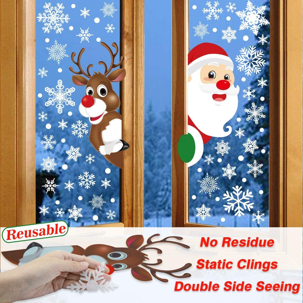 310Pcs Christmas Window Clings Christmas Window Decorations Xmas Window Flakes Christmas Decals for Home Deer Santa Claus and Snowflakes