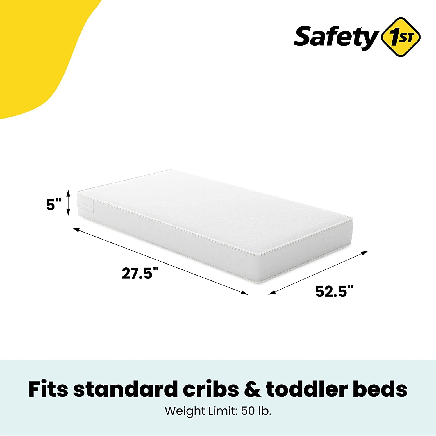 A Safety 1st Sweet Dreams 5" Firm Crib & Toddler Mattress with a yellow label on it.