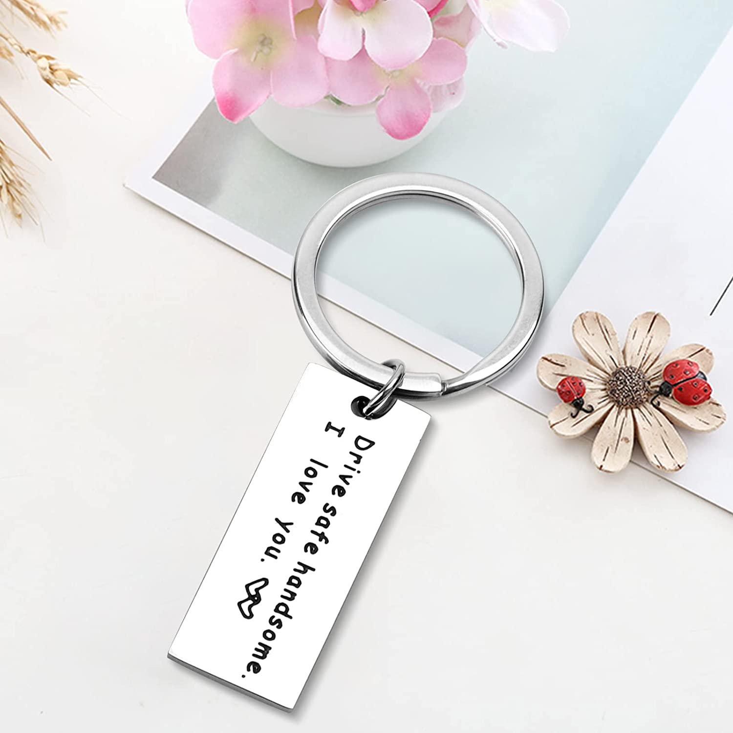 A key chain with the words "drive safe kindsome i love you" is a Valentines Day Gifts for Him Boyfriend Husband from Wife , Drive Safe Handsome Keychain Mens Valentines Gifts for Trucker Fathers Day Birthday Anniversary Christmas Gift for Men Dad by ModernMazing.