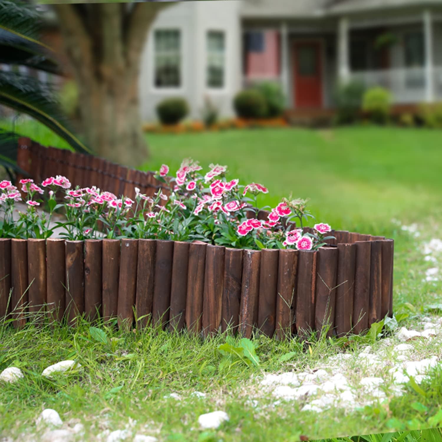 Wooden Short Fence Burnt Wood Finish Outdoor Landscape Edging Flexible Decorative Border - Tree Fence - Spring Garden & Yard Maintenance - 7.9'' H X 42'' L - K619A05