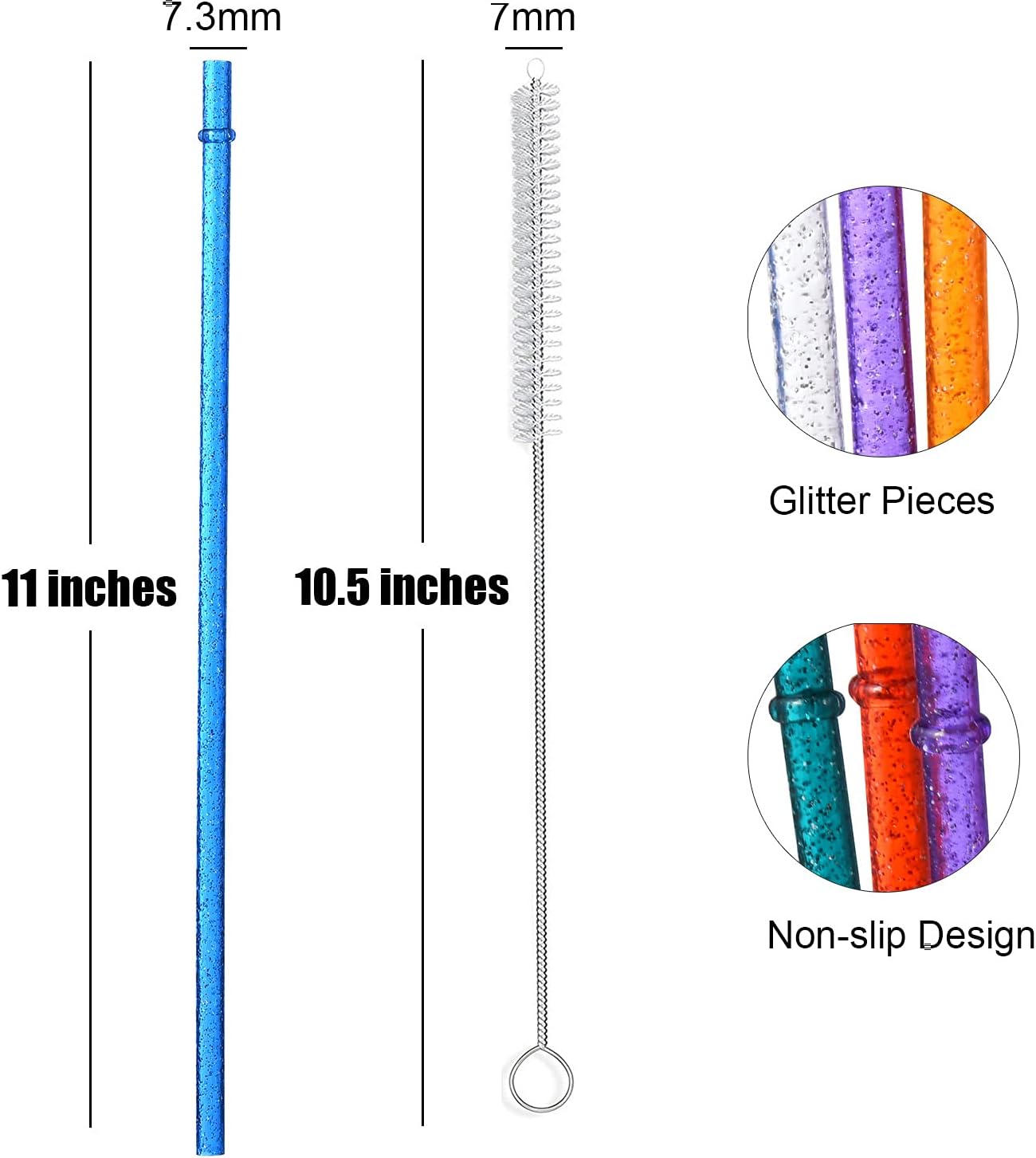 ALINK 12-Pack Glitter Reusable Clear Plastic Straws, 11" Long Hard Tumbler Drinking Straws with Cleaning Brush (10 Colors)