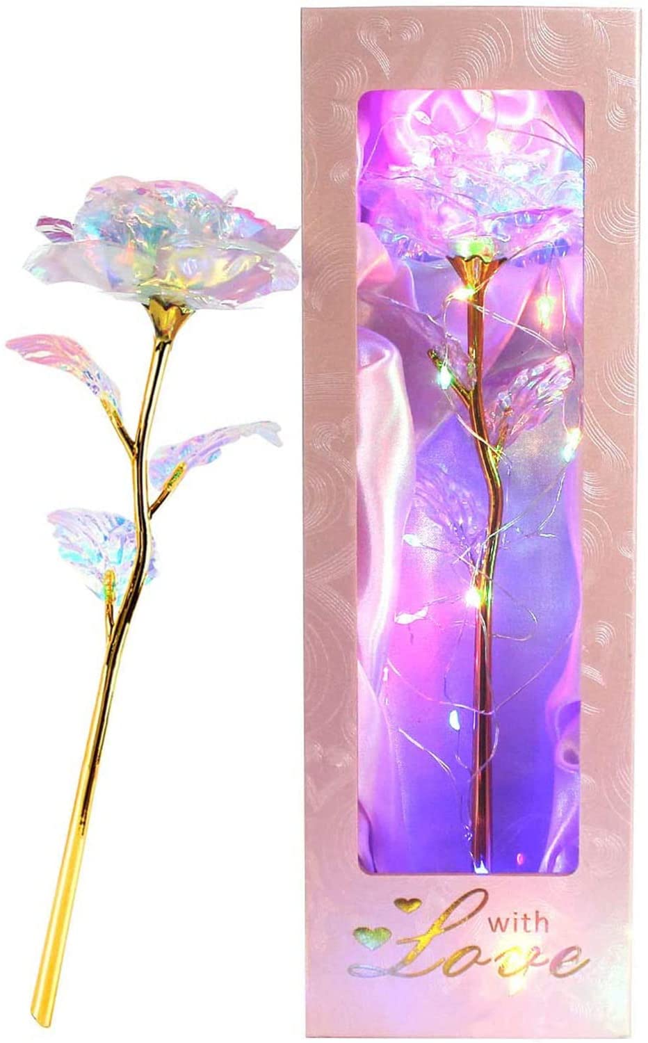 A Colorful Galaxy Rose Valentines Day Gifts for Her Gold Roses Gifts for Women,24K Golden Foil Roses with LED Decor Gifts for Her in a package with a box.