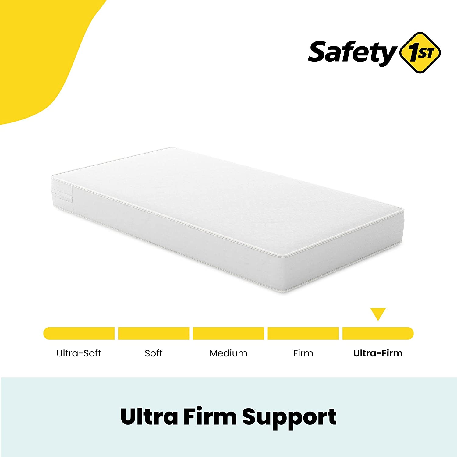 A Safety 1st Sweet Dreams 5" Firm Crib & Toddler Mattress with a yellow label on it.