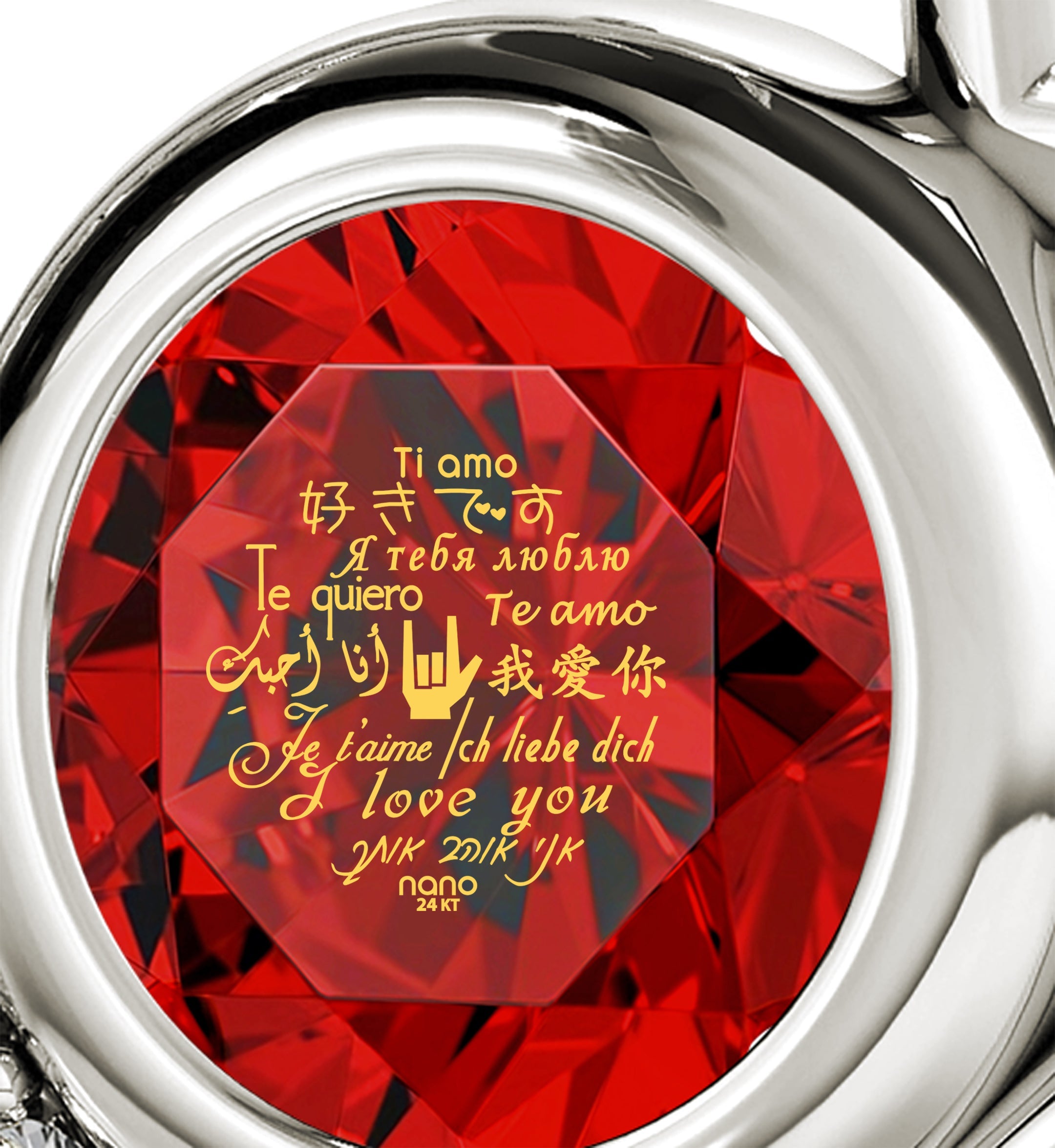 Close-up of a 925 Sterling Silver I Love You Heart Pendant Necklace with a blue gemstone inscribed with "i love you" in multiple languages, perfect as an anniversary gift.