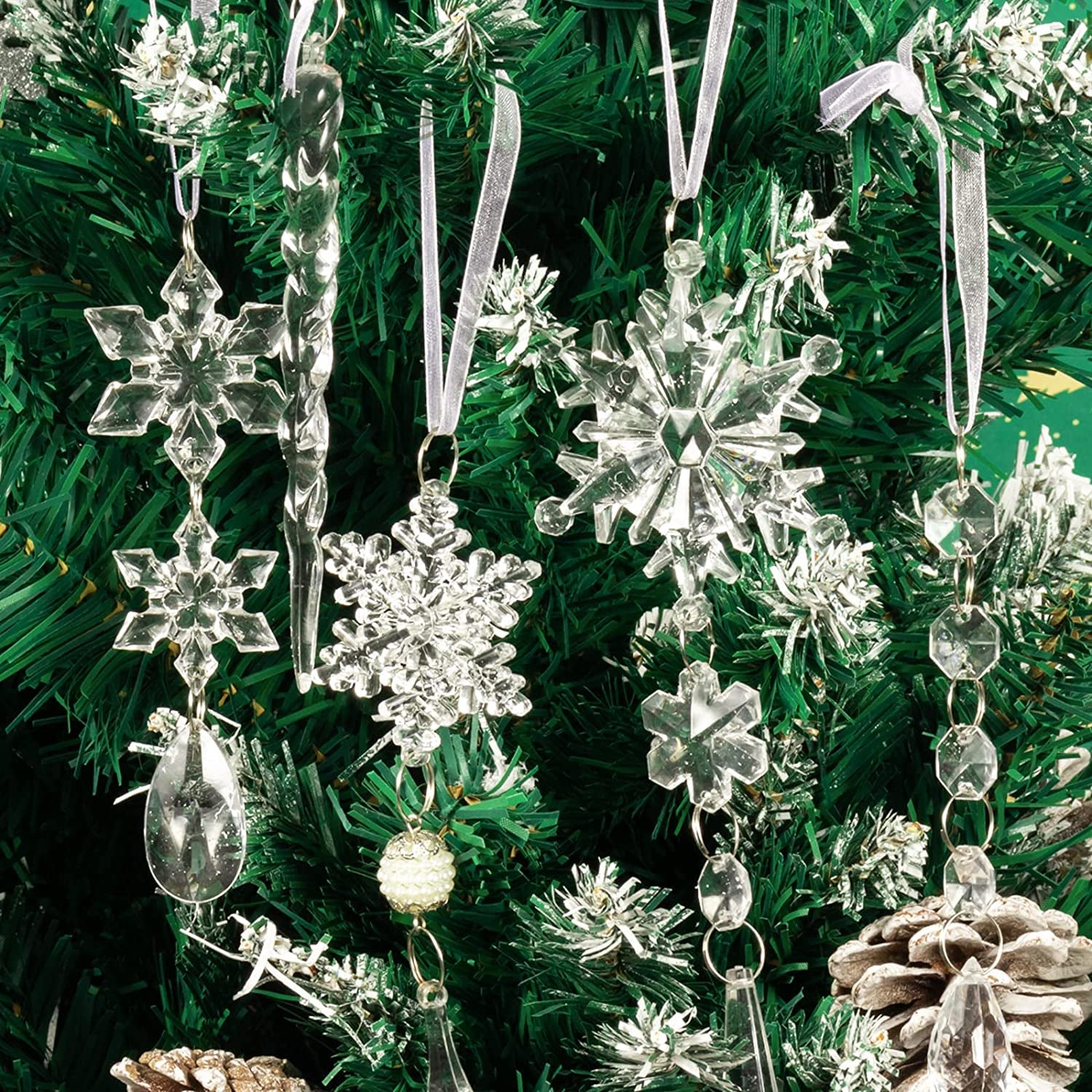 18Pcs Christmas Tree Decoration Crystal Ornaments - Hanging Acrylic Christmas Snowflake Icicle Drop Crystal Ornaments for Christmas Tree Winter New Year Party Supplies