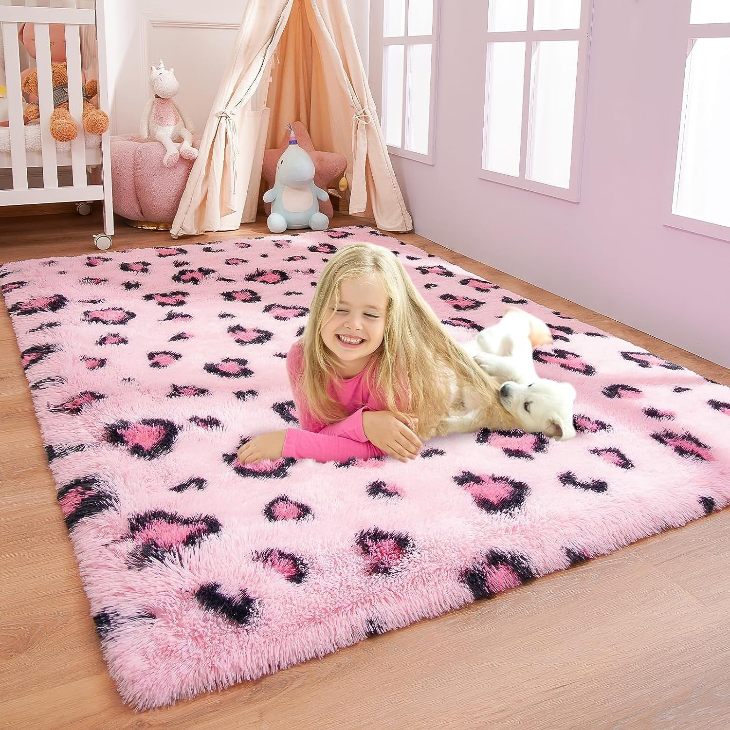 Fluffy Bedroom Rug Leopard Rug for Living Room Black and White Area Rug 4X6 Ft Cute Cheetah Print Rug for Kids Girls Boys Nursery Room Decor Alfombras Para Salas