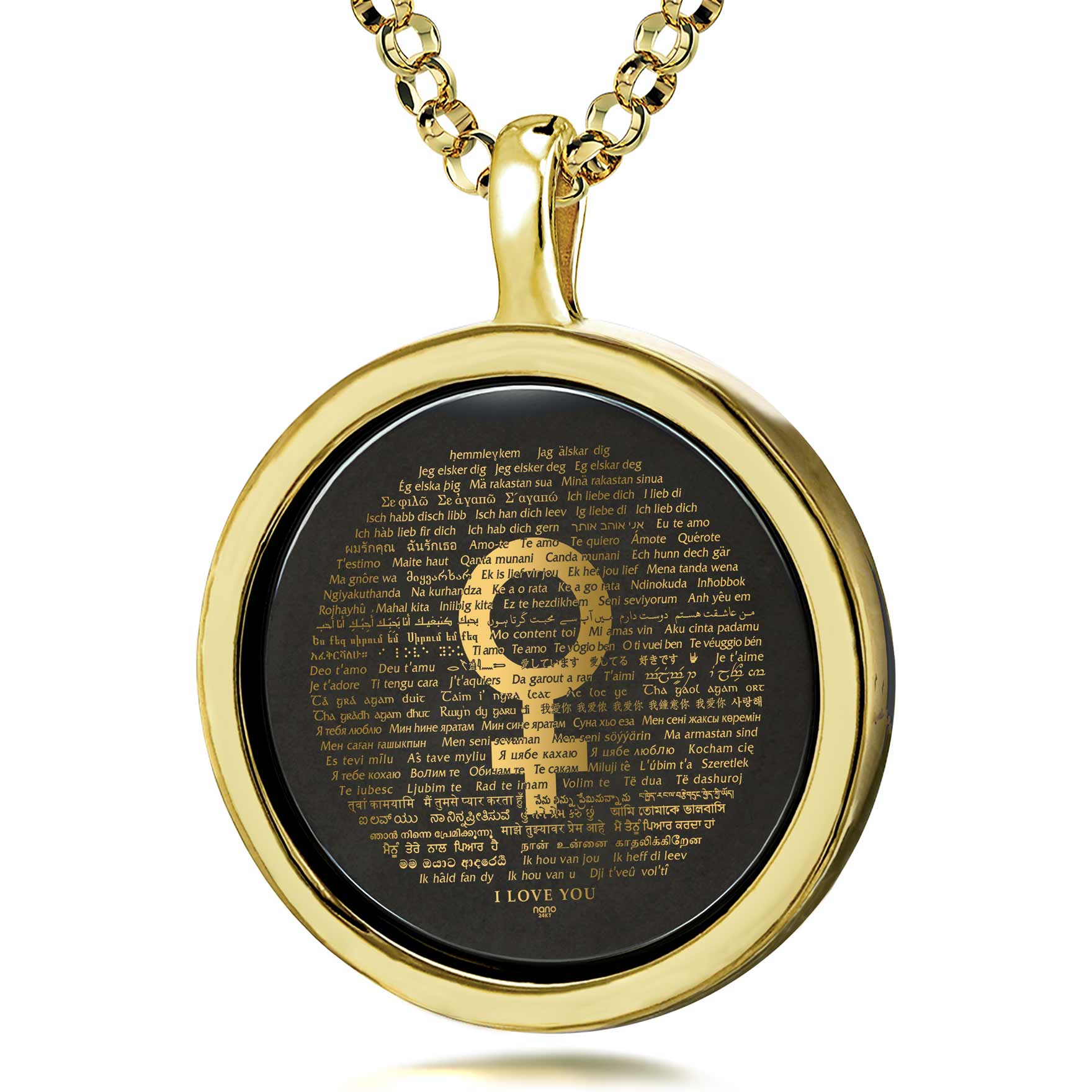 Circular "Loving Women Are from Venus Necklace 120 Languages I Love You Pendant" with engraved text centered and names in various languages, symbolizing global unity and peace, as well as a unique gift idea.