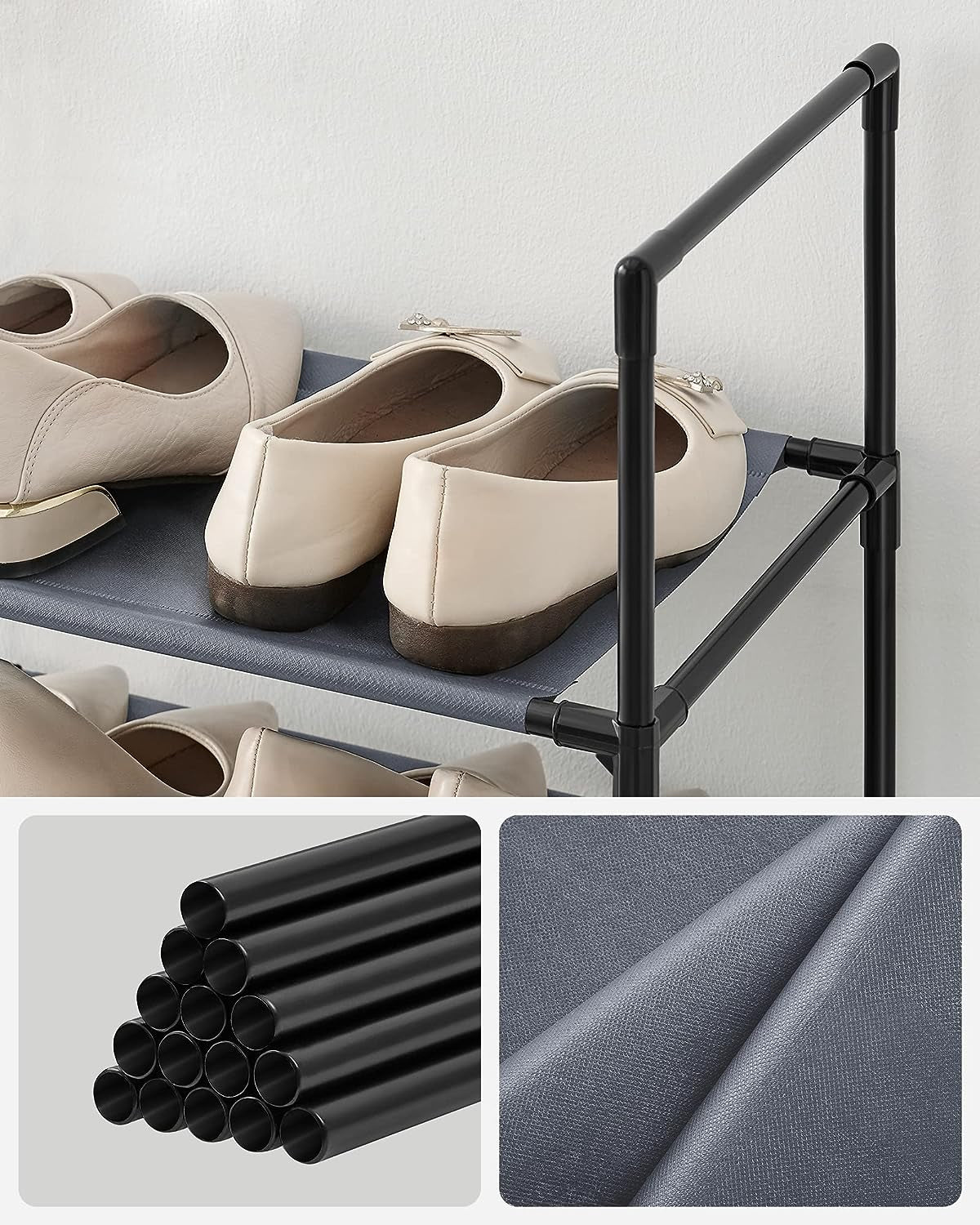 Shoe Rack, 10 Tier Shoe Shelf, Shoe Storage Organizer, Space-Saving, 13 X 13 X 68.1 Inches, Metal Frame, Non-Woven Fabric Shelves, for Entryway, Bedroom, Grey ULSR110G01