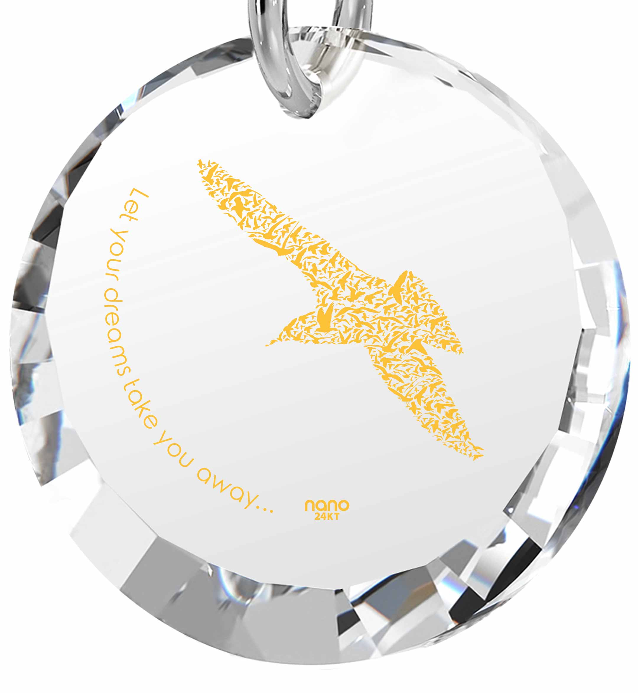 Mother Daughter Charm Necklace Inspirational Bird Pendant with a circular pendant featuring a yellow and white design under a magnifying glass cover, accompanied by a 'symbolic jewelry' tag.