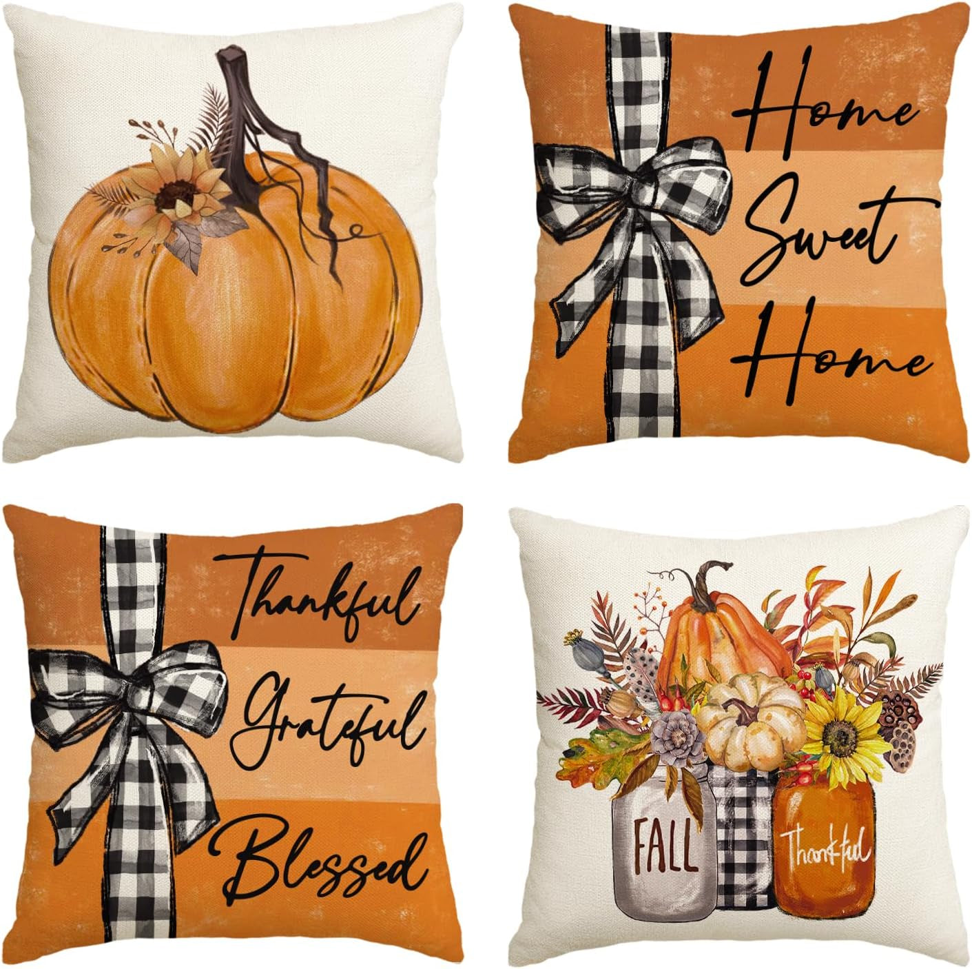 Fall Pumpkin Home Sweet Home Throw Pillow Covers, 18 X 18 Inch Autumn Thankful Grateful Blessed Harvest Floral Decorations for Sofa Couch Set of 4