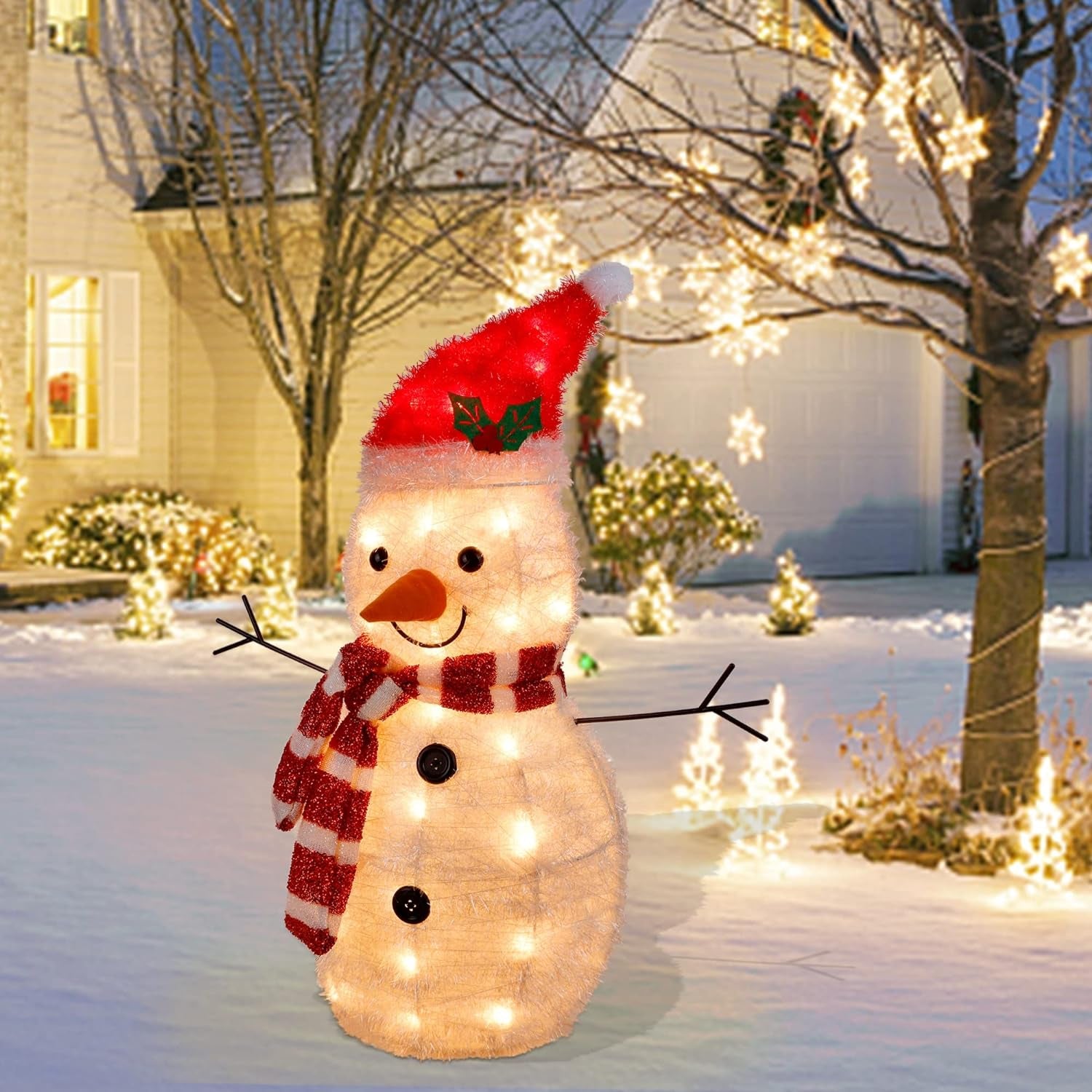 22 Inch Lighted Christmas Tinsel Snowman Decorations, Pre-Lit Light up with 25 Count Clear Incandescent Lights, Indoor or Outdoor Garden Yard Lawn Festive Holiday Decoration