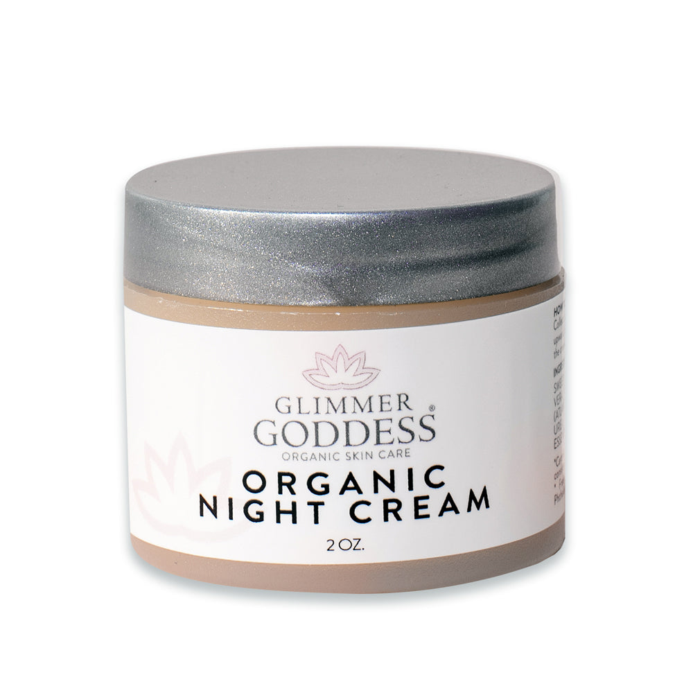 Jar of Organic Skin Renewal Night Face Cream - Hydrates & Lifts with algae extract, displayed against a white background.