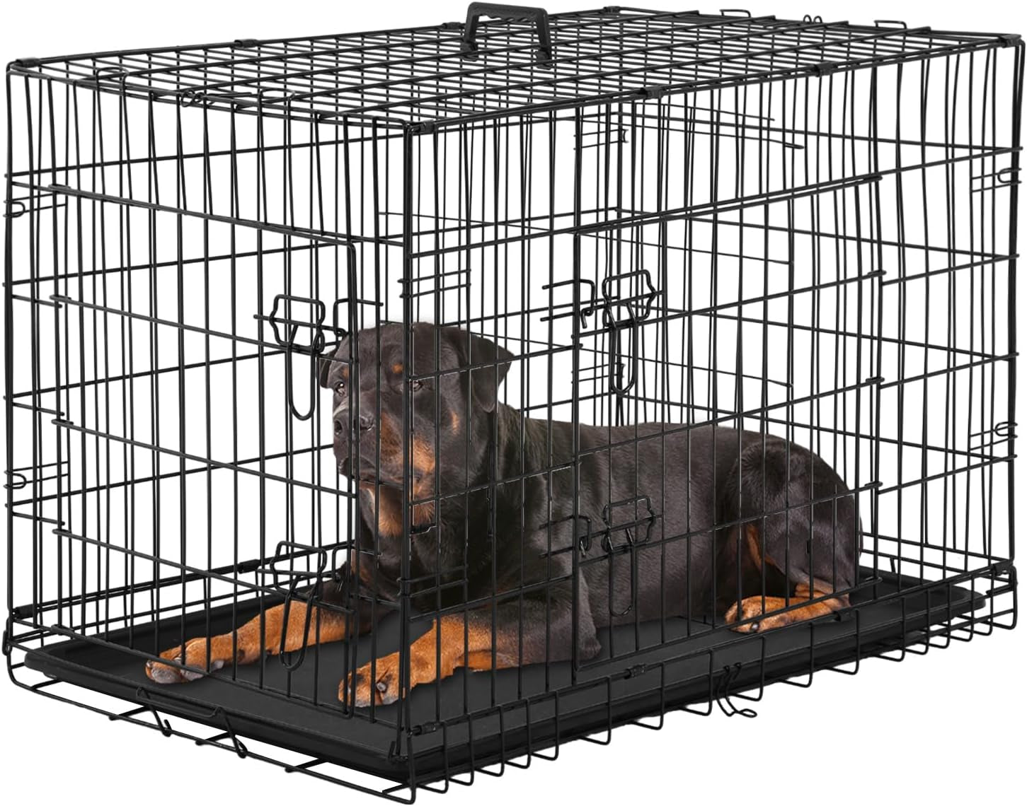 Large Dog Crate Kennel for Medium Large Dogs Metal Dog Cage Double-Door Folding Travel Indoor Outdoor Puppy Playpen with Divider and Handle Plastic Tray (42 Inch, Black)