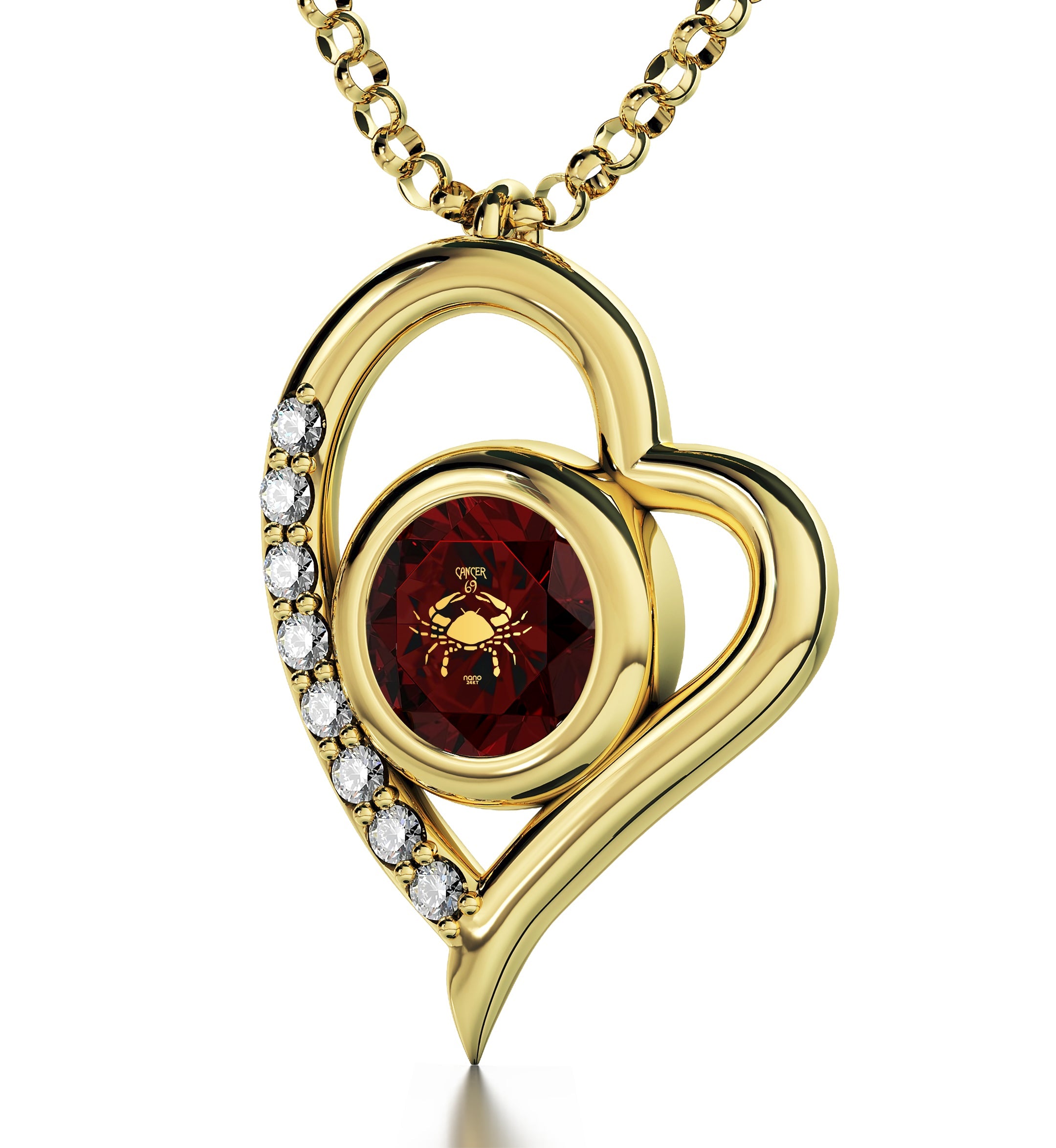 Gold Plated Silver Cancer Necklace Zodiac Heart Pendant featuring the cancer zodiac sign with Swarovski crystals on a chain, and a small branded tag.
