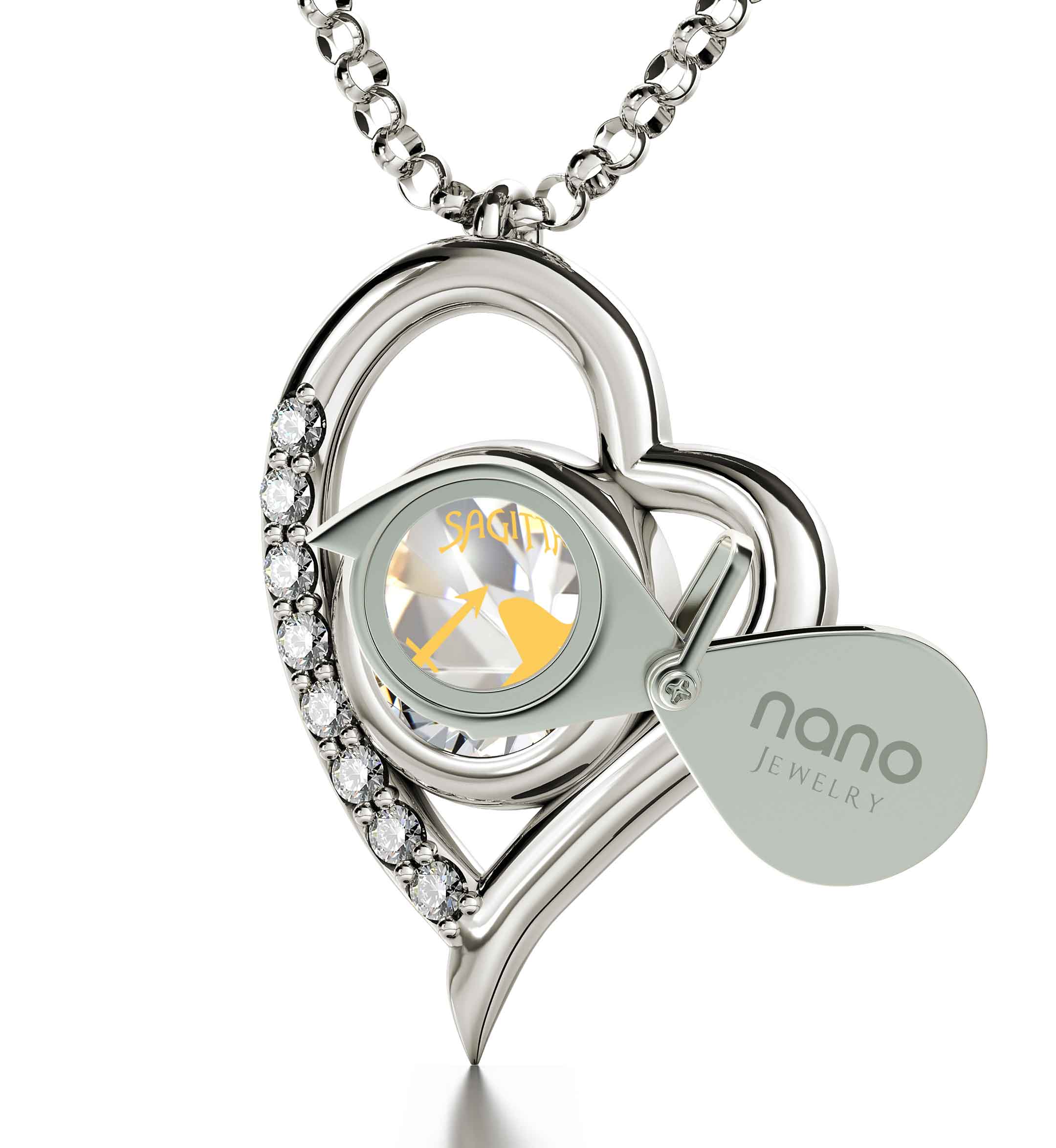 A 925 Sterling Silver Sagittarius Necklace Zodiac Heart Pendant with rhinestone embellishments, displayed against a white background.
