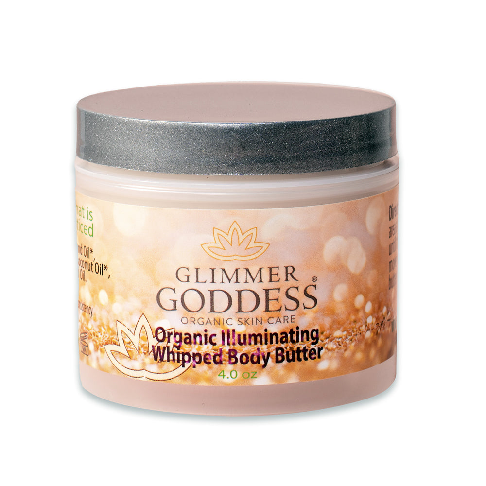 A jar of Organic Shimmering Whipped Body Butter against a white background. This moisturizing whipped body butter is perfect for nourishing the skin.