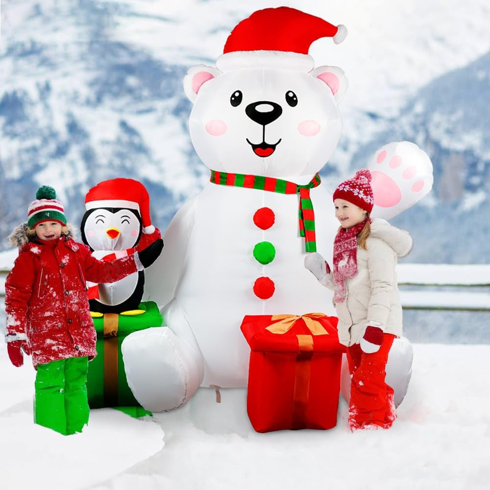 6 Ft Christmas Inflatables Outdoor Decorations, LED Light up Polar Bear and Penguin Inflatable Christmas Blow up Yard Decorations for Garden Lawn Indoor Xmas Holiday Party Decor