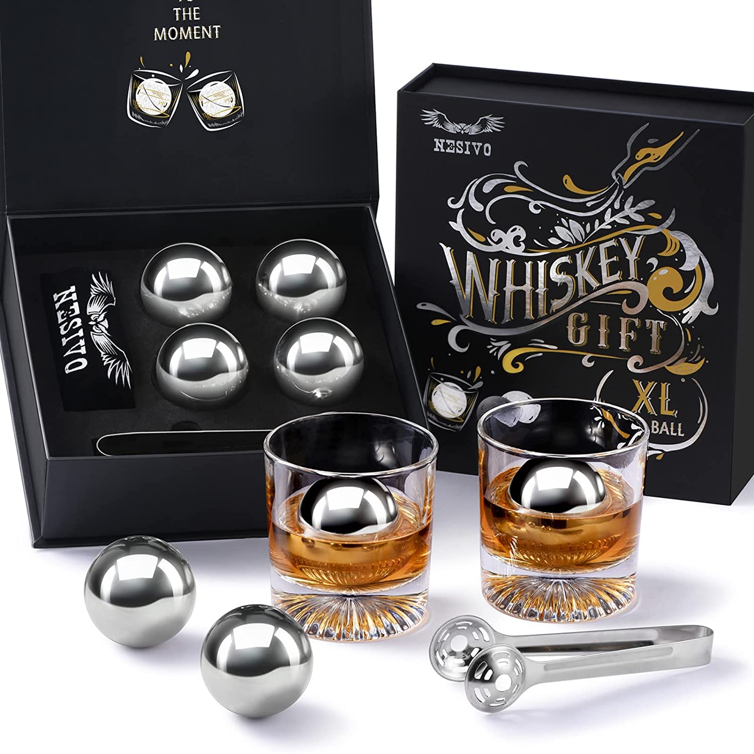 A Gifts for Men Dad Him Husband Valentines Day, Whiskey Stones, Unique Birthday Anniversary Bourbon Gift for Boyfriend Men Who Have Everything Grandpa Cool Stuff Gadgets gift set with two glasses and a whisky ball.