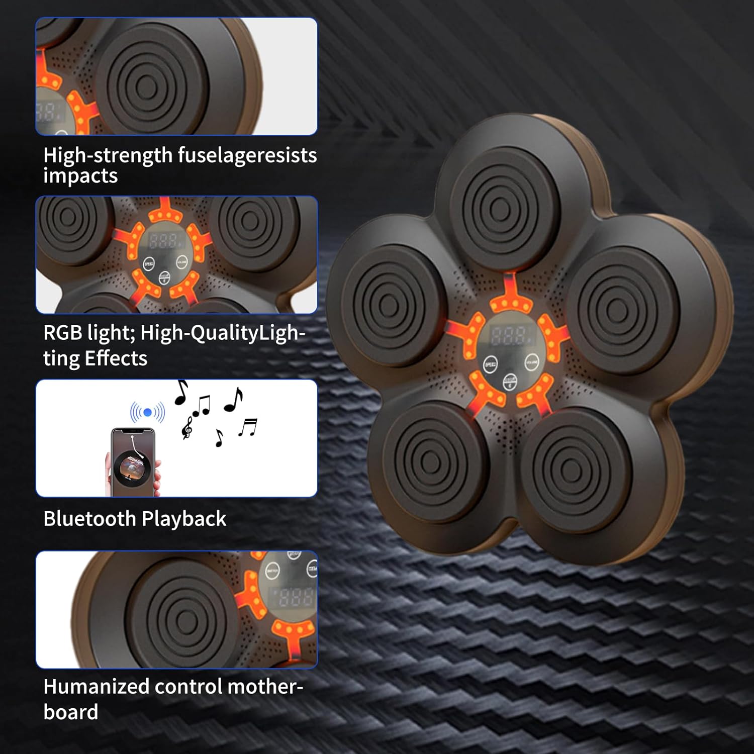 Sentence with product name: A man is holding an iToolhorse Music Boxing Machine and music notes.