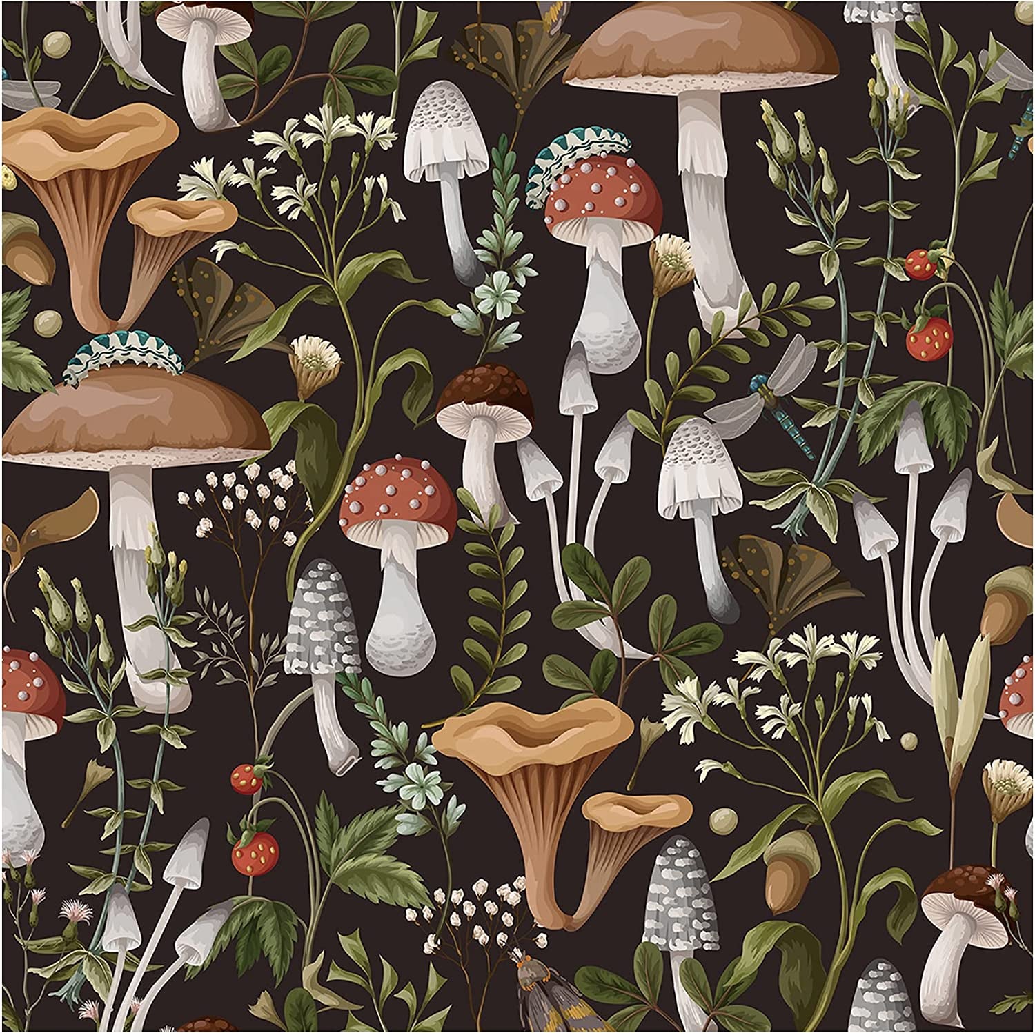 HAOKHOME 93279 Peel and Stick Wallpaper Boho Mushroom Removable Stick on Forest Contact Paper for Bathroom Black/Brown/Green 17.7In X 9.8Ft