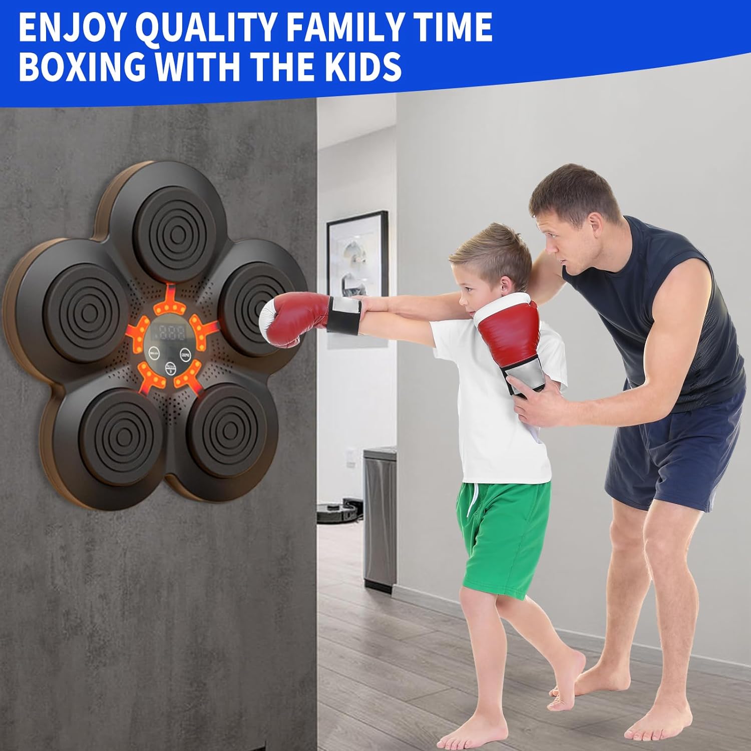 Sentence with product name: A man is holding an iToolhorse Music Boxing Machine and music notes.