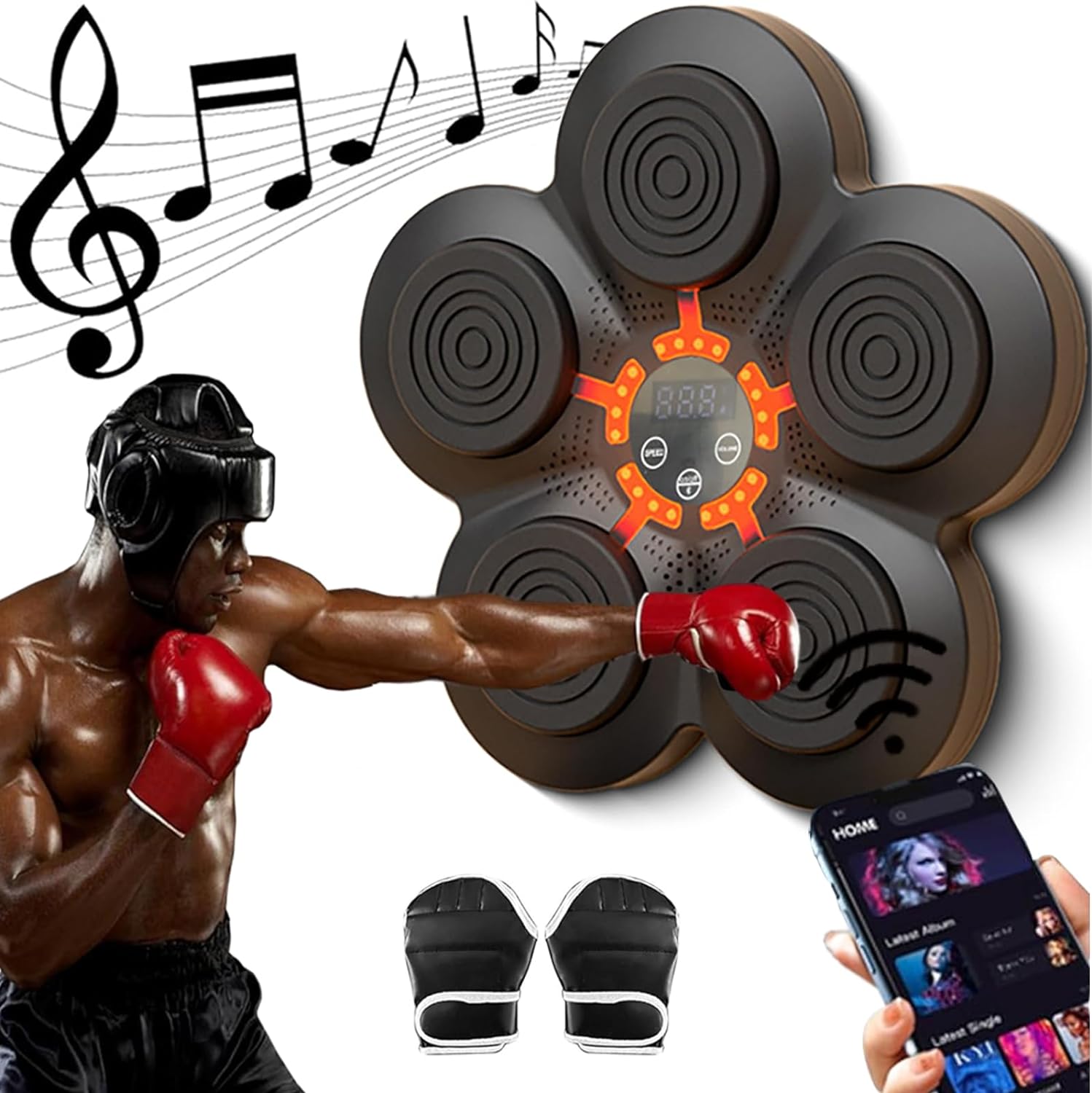 Sentence with product name: A man is holding an iToolhorse Music Boxing Machine and music notes.