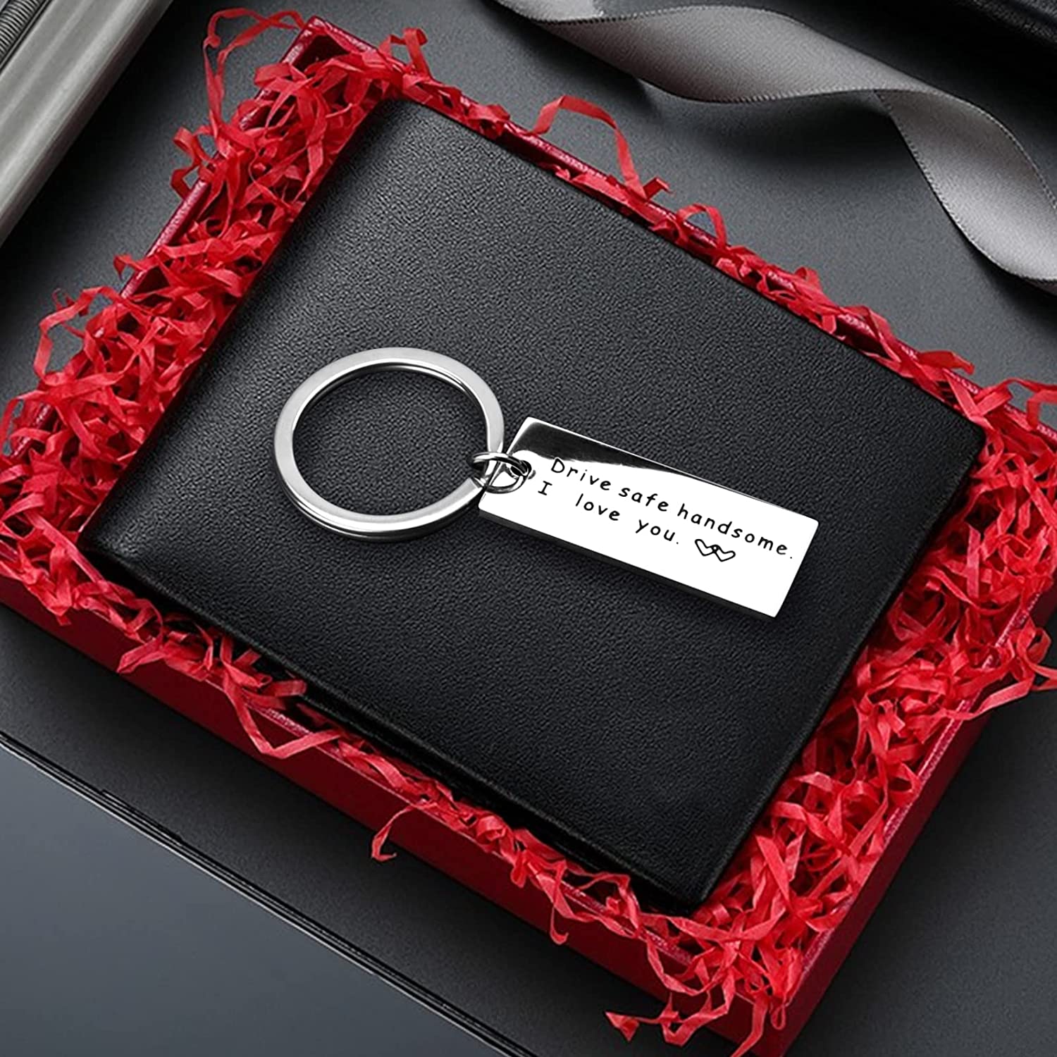 A key chain with the words "drive safe kindsome i love you" is a Valentines Day Gifts for Him Boyfriend Husband from Wife , Drive Safe Handsome Keychain Mens Valentines Gifts for Trucker Fathers Day Birthday Anniversary Christmas Gift for Men Dad by ModernMazing.