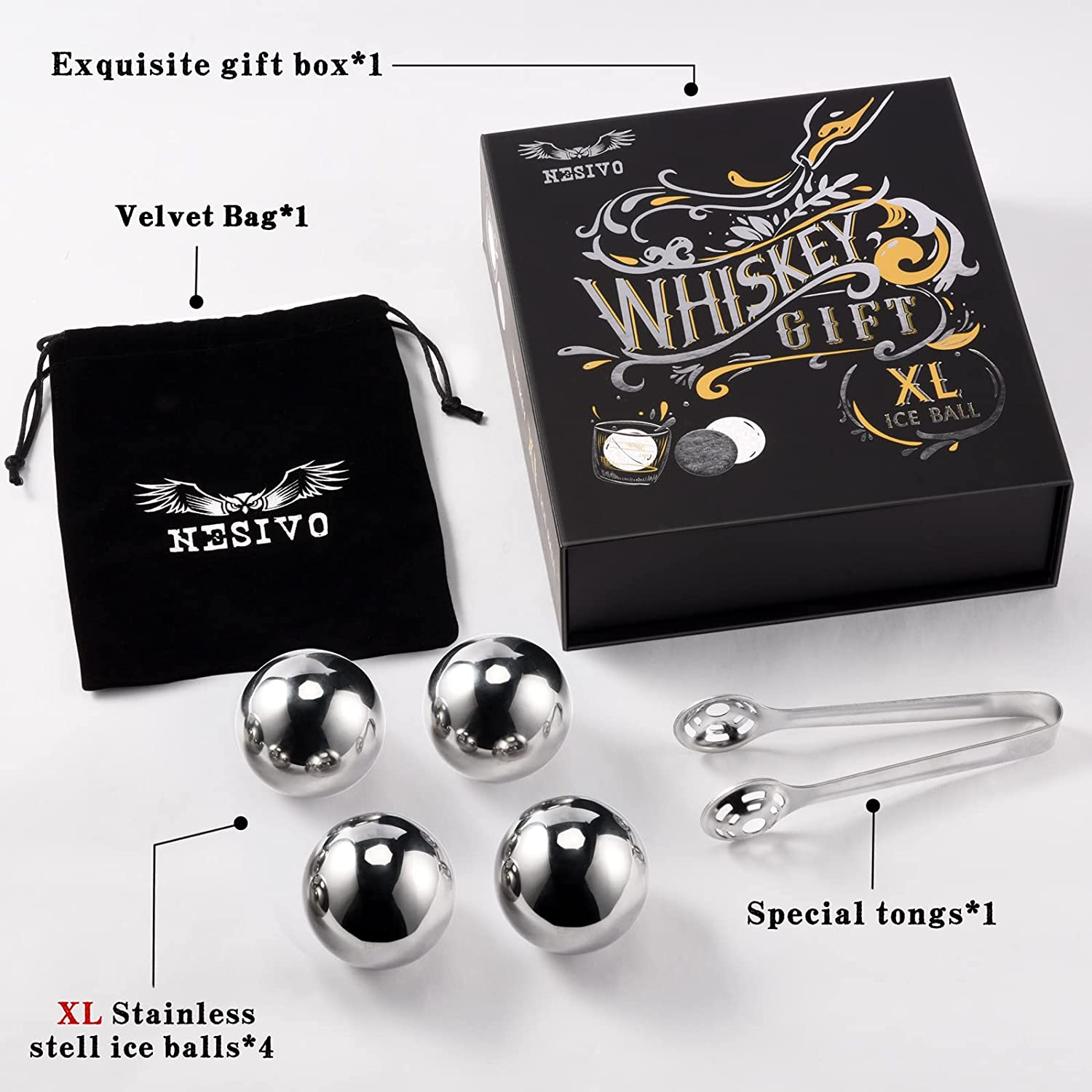 A Gifts for Men Dad Him Husband Valentines Day, Whiskey Stones, Unique Birthday Anniversary Bourbon Gift for Boyfriend Men Who Have Everything Grandpa Cool Stuff Gadgets gift set with two glasses and a whisky ball.