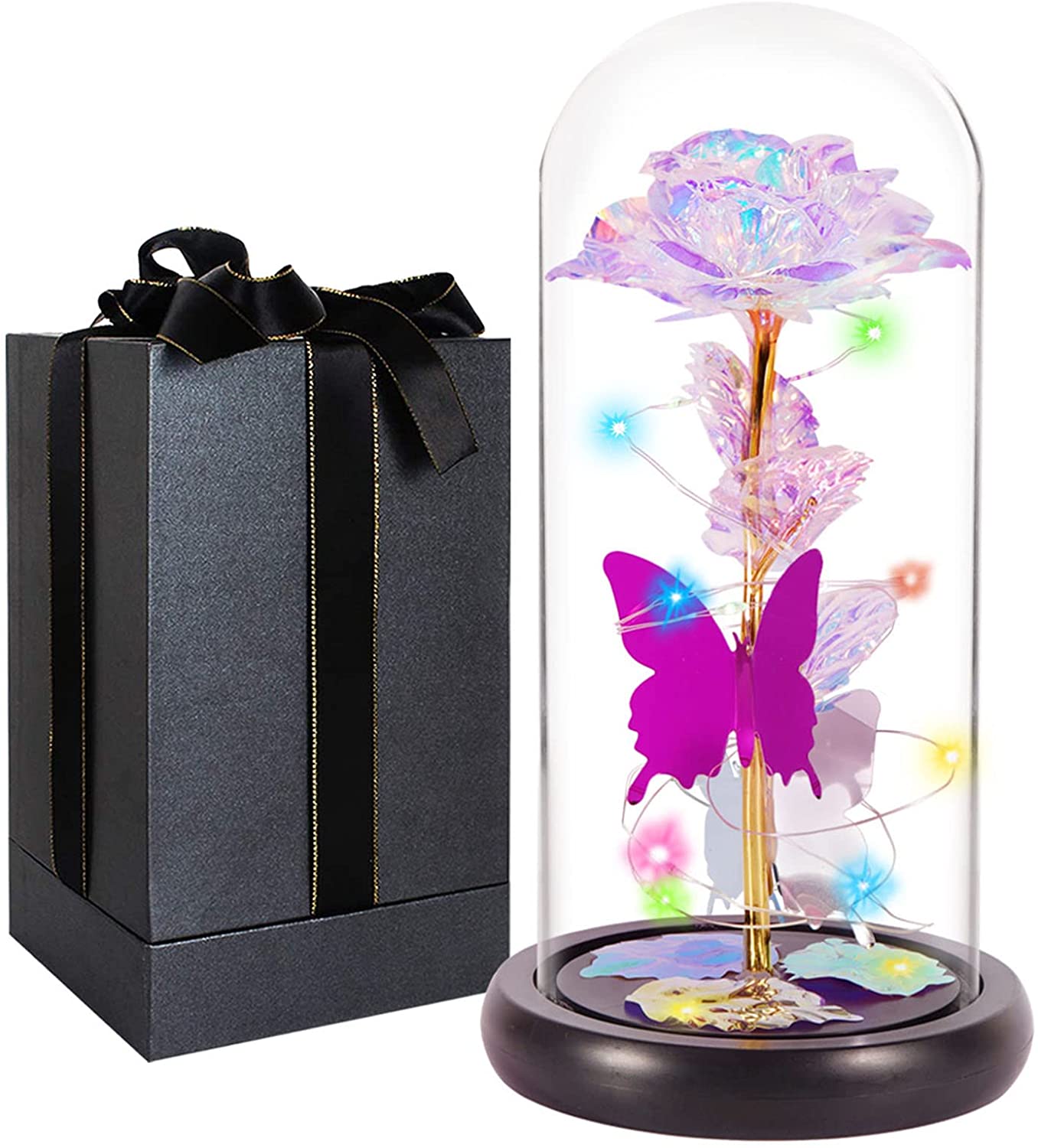 A ModernMazing Valentines Day Gifts for Her Rose Gifts,Love Flower Galaxy Rose with Led Decor in Glass Dome Valentines Gifts,Unique Gifts for Her next to a gift box.