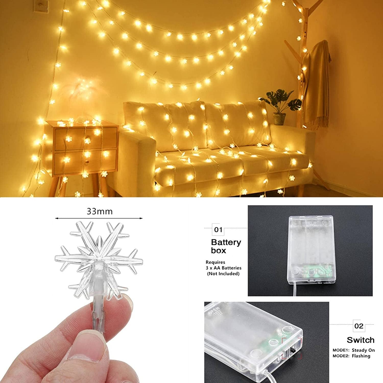 Christmas Lights, 20 Ft 40 LED Snowflake String Lights Battery Operated Fairy Lights for Bedroom Room Party Home Xmas Decor Indoor Outdoor Tree Decorations Warm White