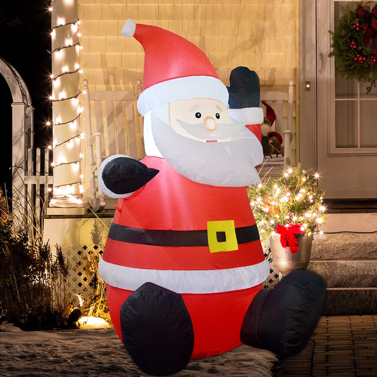 4 FT Christmas Inflatable Santa Claus with Built-In LED Light, Light up Santa Sitting Raising Hand Outdoor Christmas Decoration, Blow up Yard Decoration for Xmas Garden Lawn Party Yard