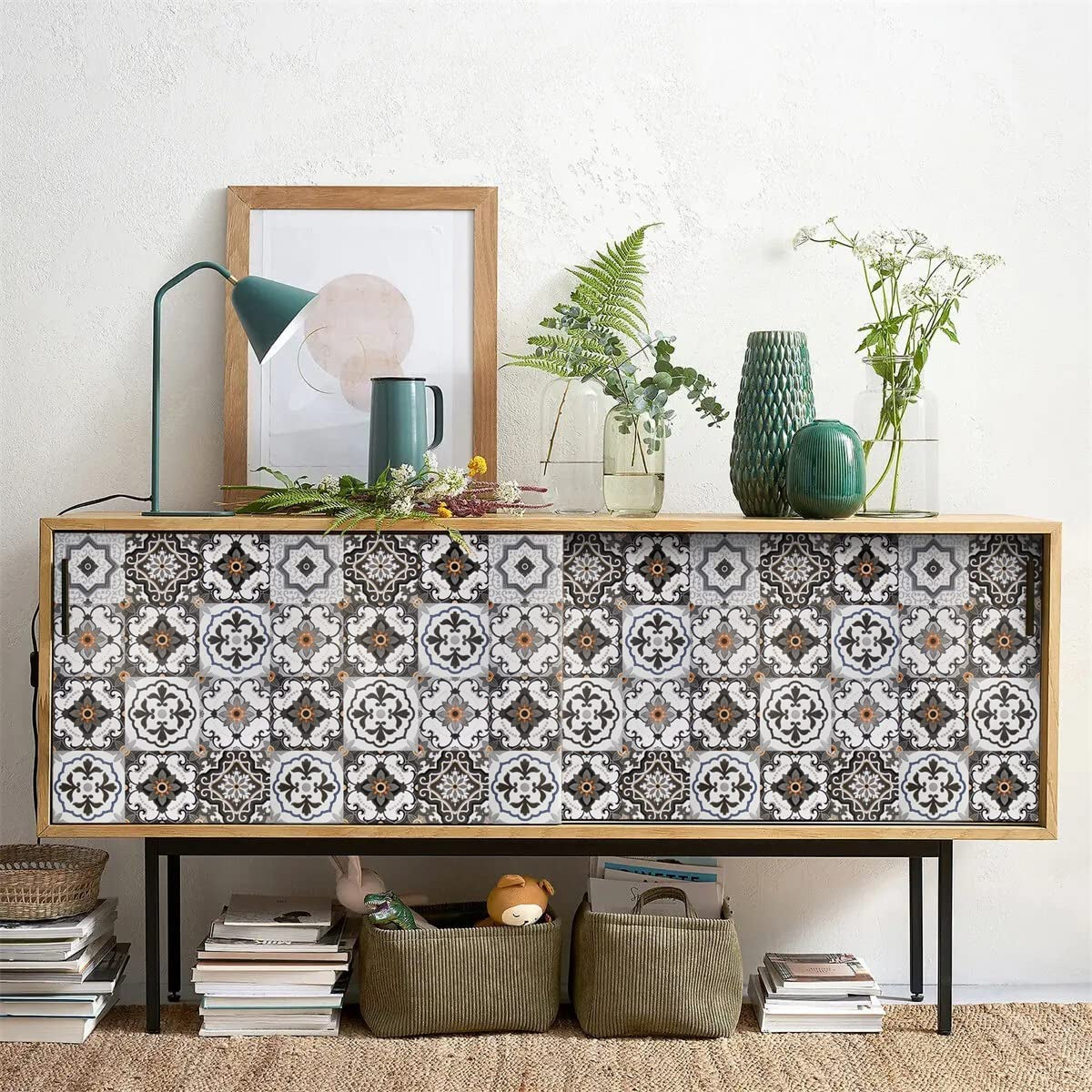 Orainege Bohemian Peel and Stick Wallpaper Backsplash 17.7Inx78.7In Kitchen Wallpaper Peel and Stick Vinyl Self Adhesive Wallpaper Gray Boho Tile Pattern Contact Paper Decorative Removable Wall Paper