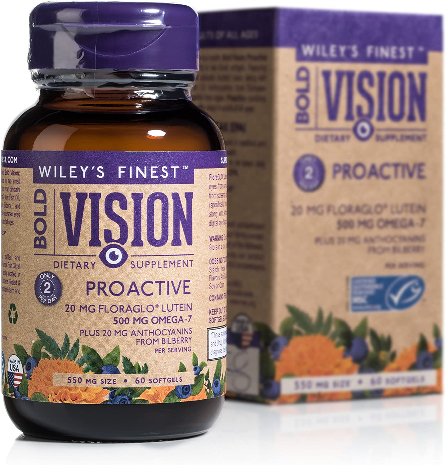 Wild Alaskan Fish Oil - Bold Vision for Eye Health, with Lutein, Zeaxanthin, Bilberry, Omega-7, Astaxanthin plus Vitamin E and Zinc, 60 Softgels