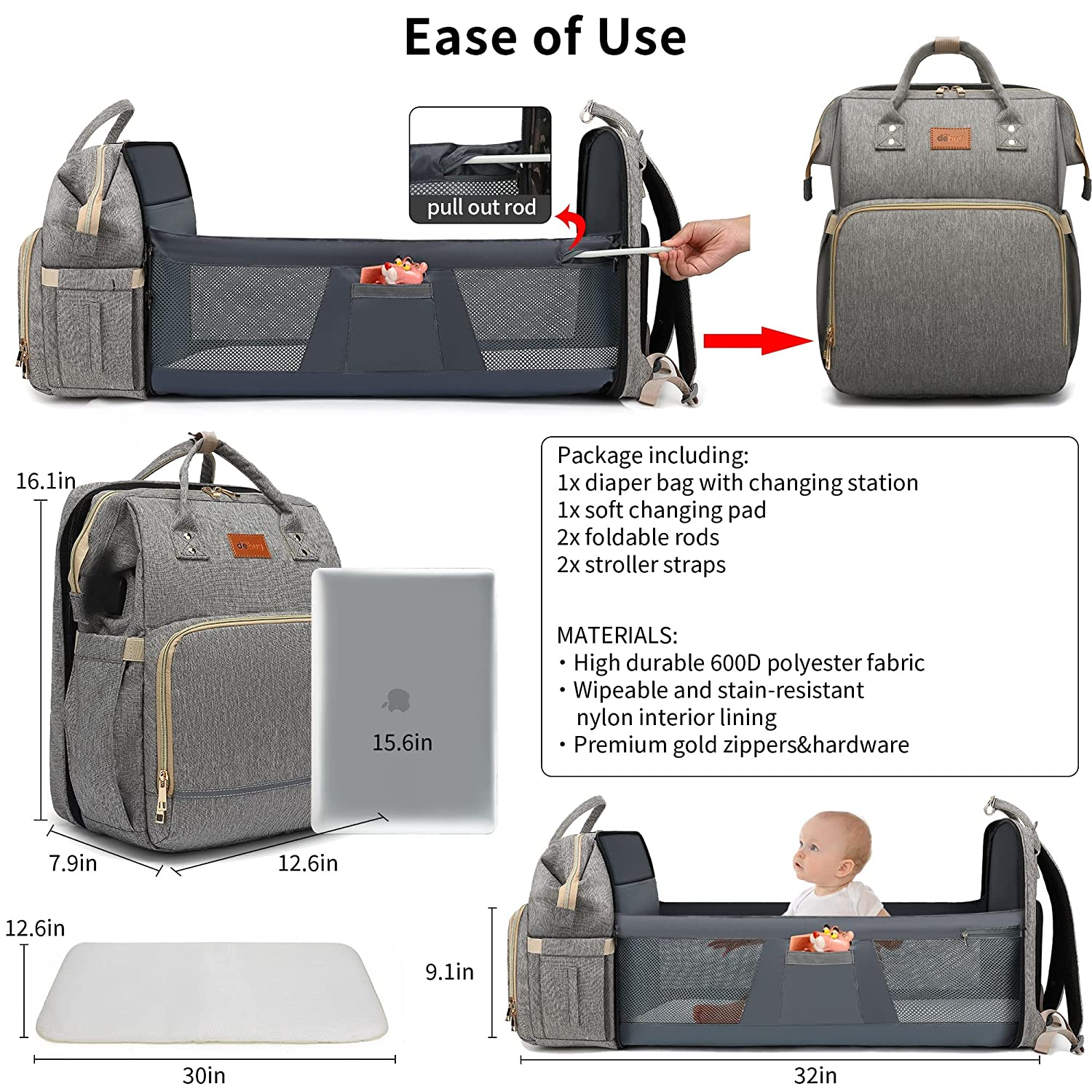 Baby Diaper Backpack with Changing Station