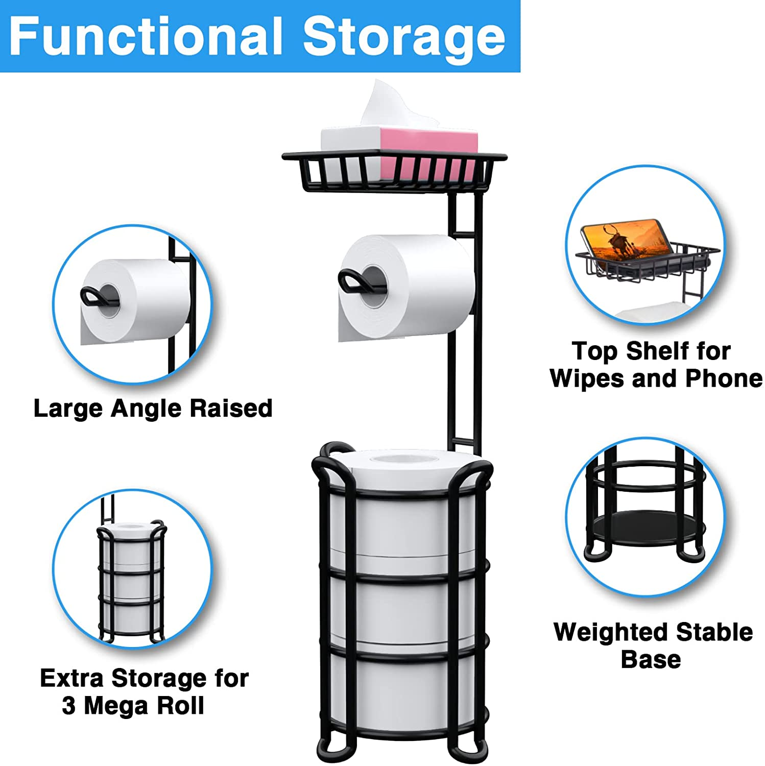 Toilet Paper Holder Stand with Shelf