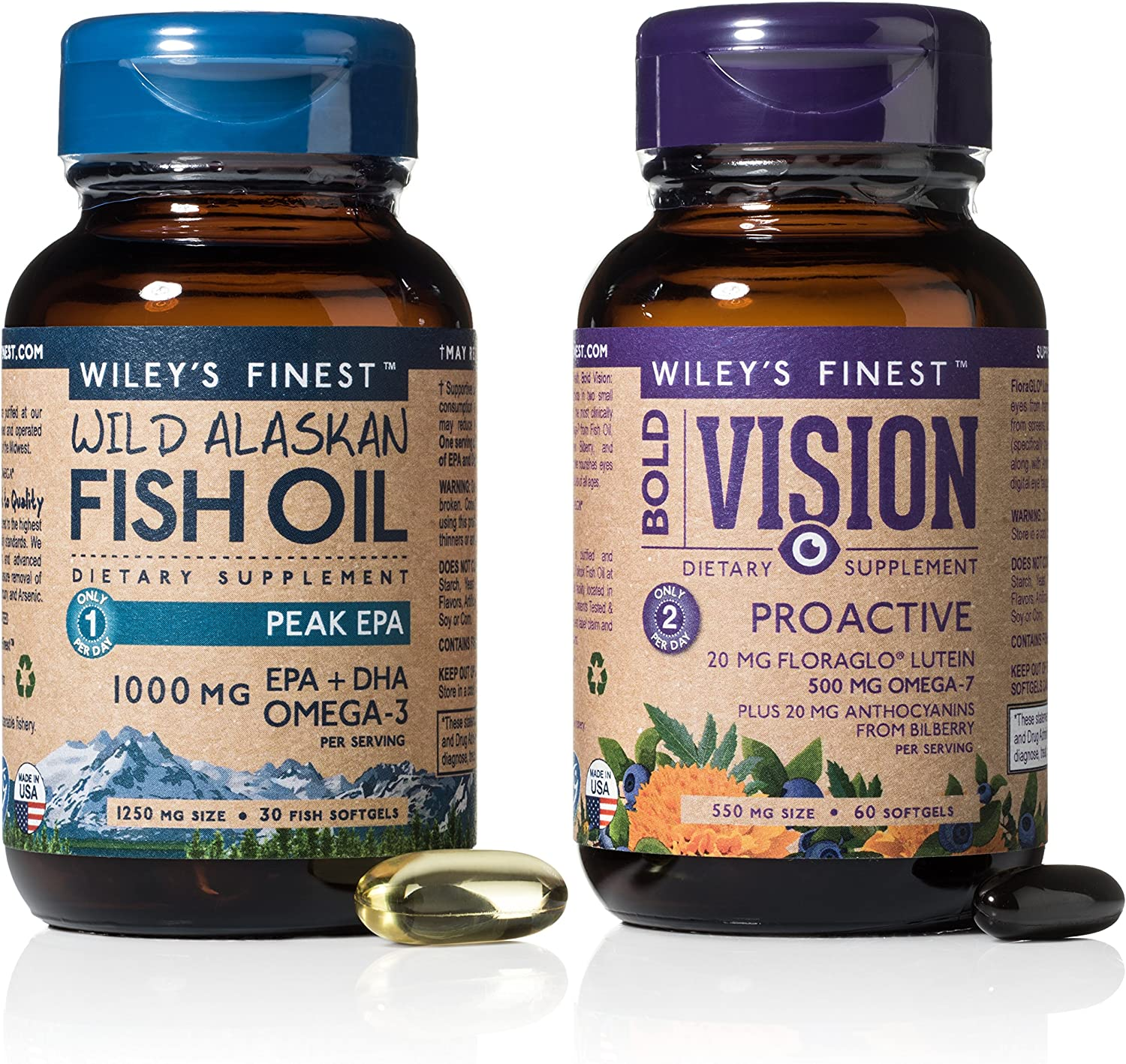 Wild Alaskan Fish Oil - Bold Vision for Eye Health, with Lutein, Zeaxanthin, Bilberry, Omega-7, Astaxanthin plus Vitamin E and Zinc, 60 Softgels