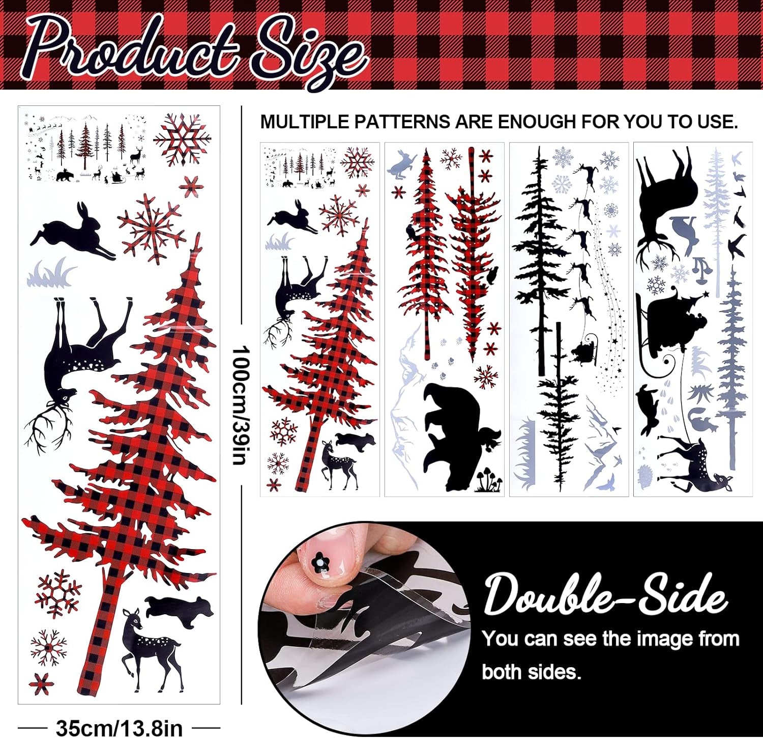 Christmas Wall Stickers Roll Red Black Plaid Xmas Tree Wall Floor Decor Forests Animals Prints Waterproof Art Wallpaper Winter Scenes Double Side Window Decals for Xmas DIY Home Party Decor