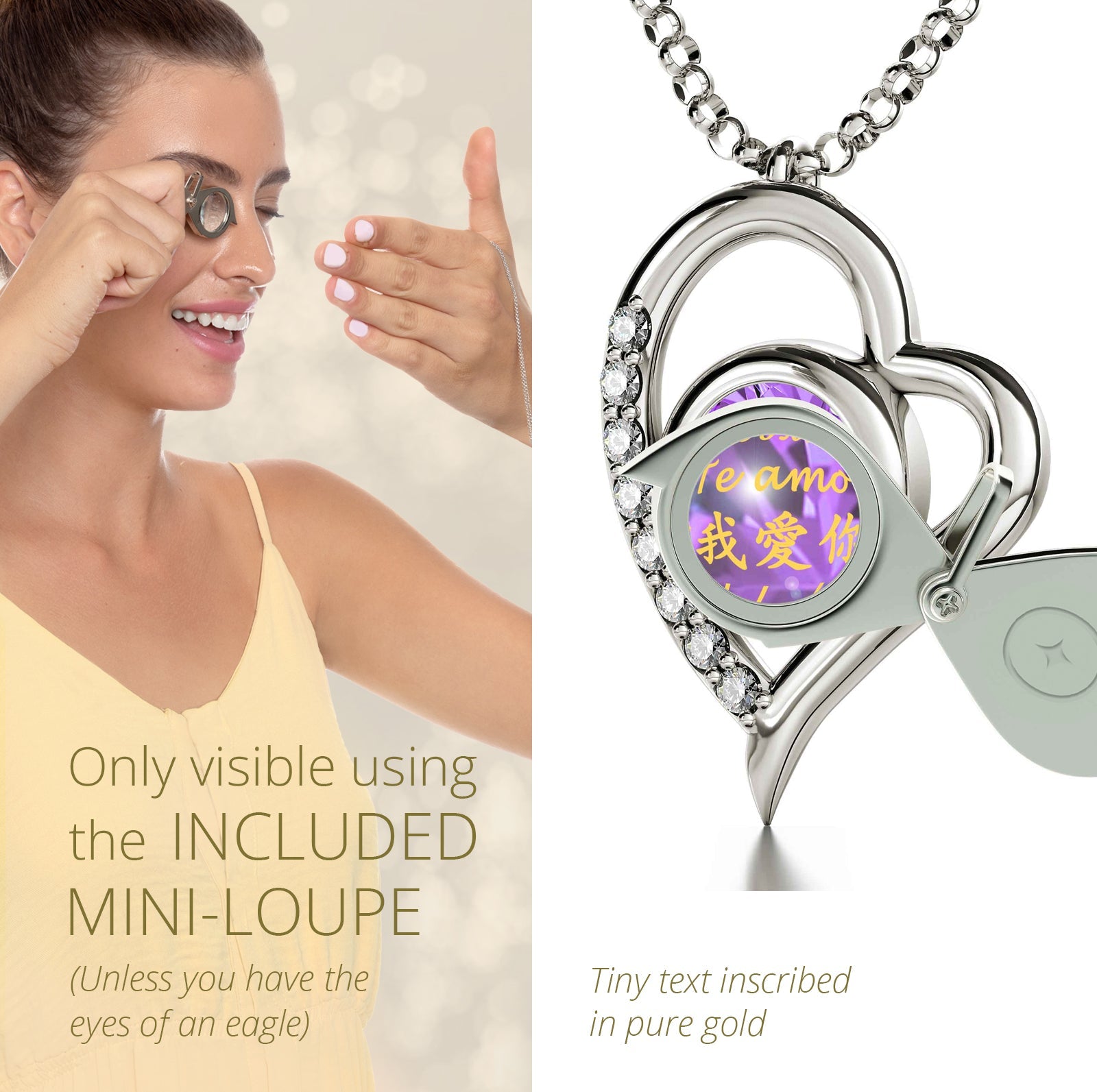 A close-up of a purple Swarovski crystal in a 925 Sterling Silver I Love You Heart Pendant Necklace Set 24k Gold Inscribed in 12 Languages.