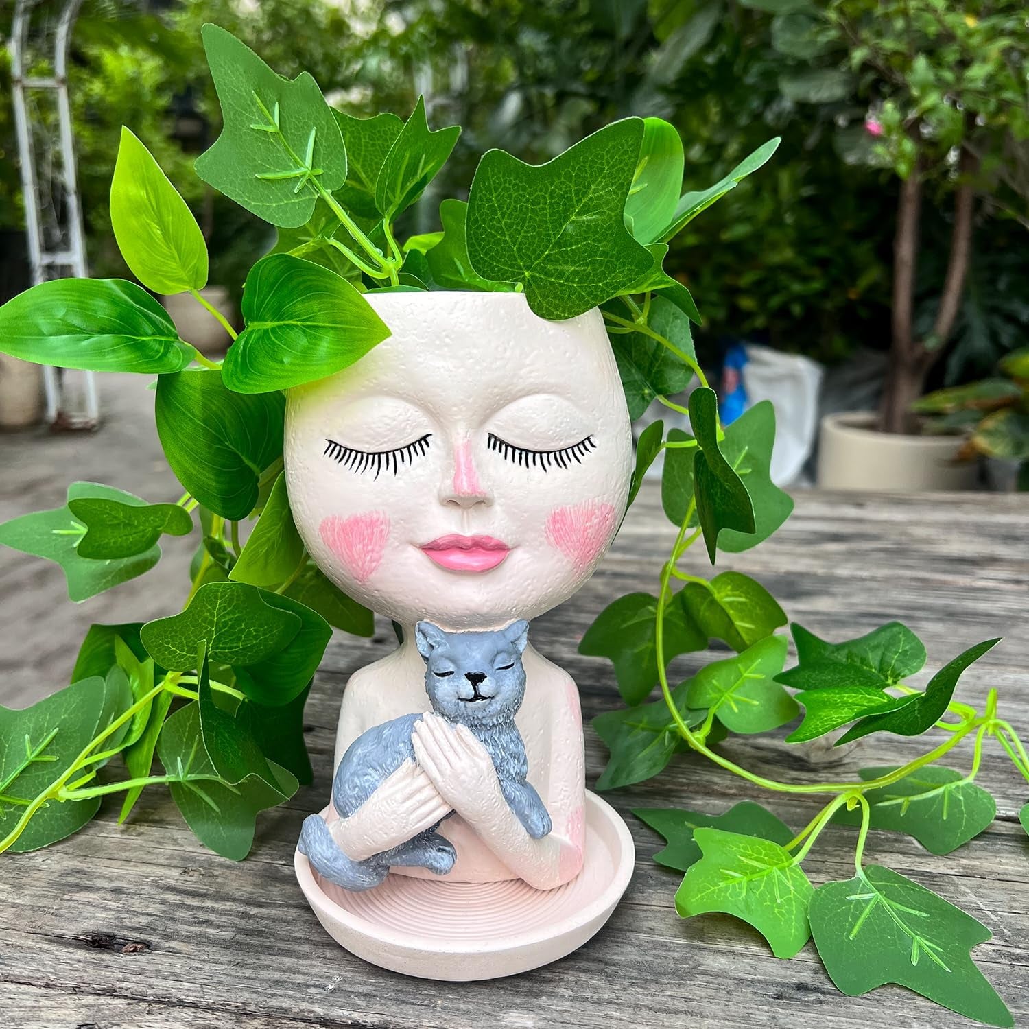 Face Plant Pot - Double Flower Pots for Indoor Outdoor Plants Resin Head Planter with Drainage Hole Cute Lady Face Plant Pots, Garden Decoration Planters, Medium