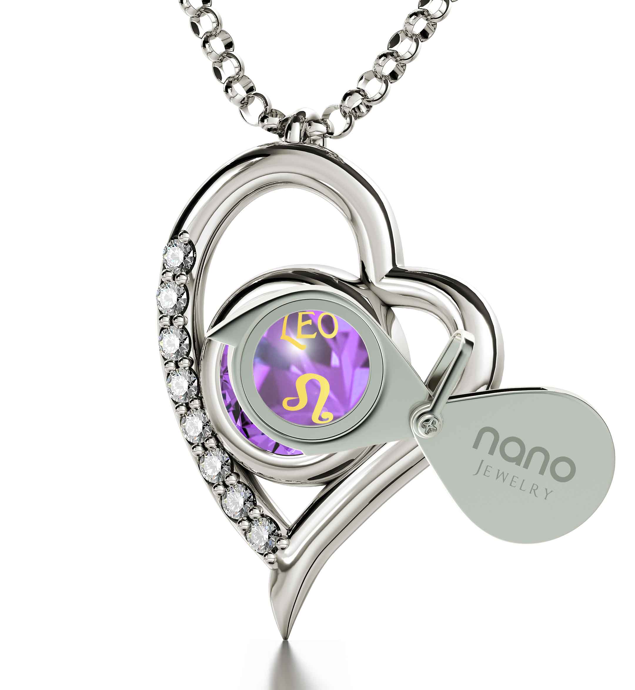 925 Sterling Silver Leo Necklace Zodiac Heart Pendant 24k Gold Inscribed on Crystal heart-shaped pendant necklace with "Leo" sign, adorned with Swarovski crystals, featuring a green inset and a tag labeled "nano jewelry.