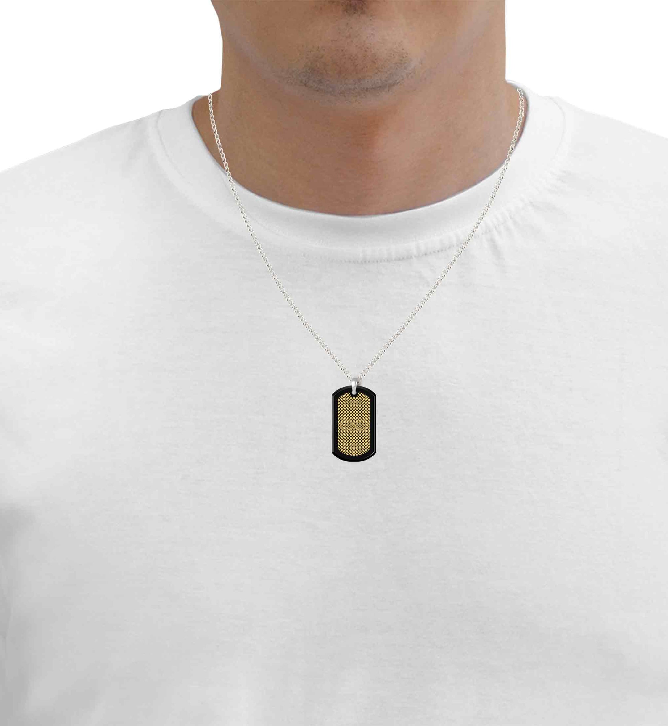 Men’s Dog Tag Necklace Infinity Pendant 24k Gold Inscribed Onyx Stone with a geometric pattern displayed frontally.