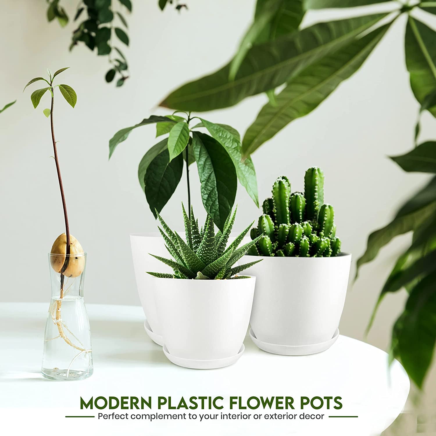 - Plant Pots Indoor with Drainage - 7/6.6/6/5.3/4.8 Inches Home Decor Flower Pots for Indoor Planter - Pack of 5 Plastic Planters for Indoor Plants, Cactus, Succulents Pot - White