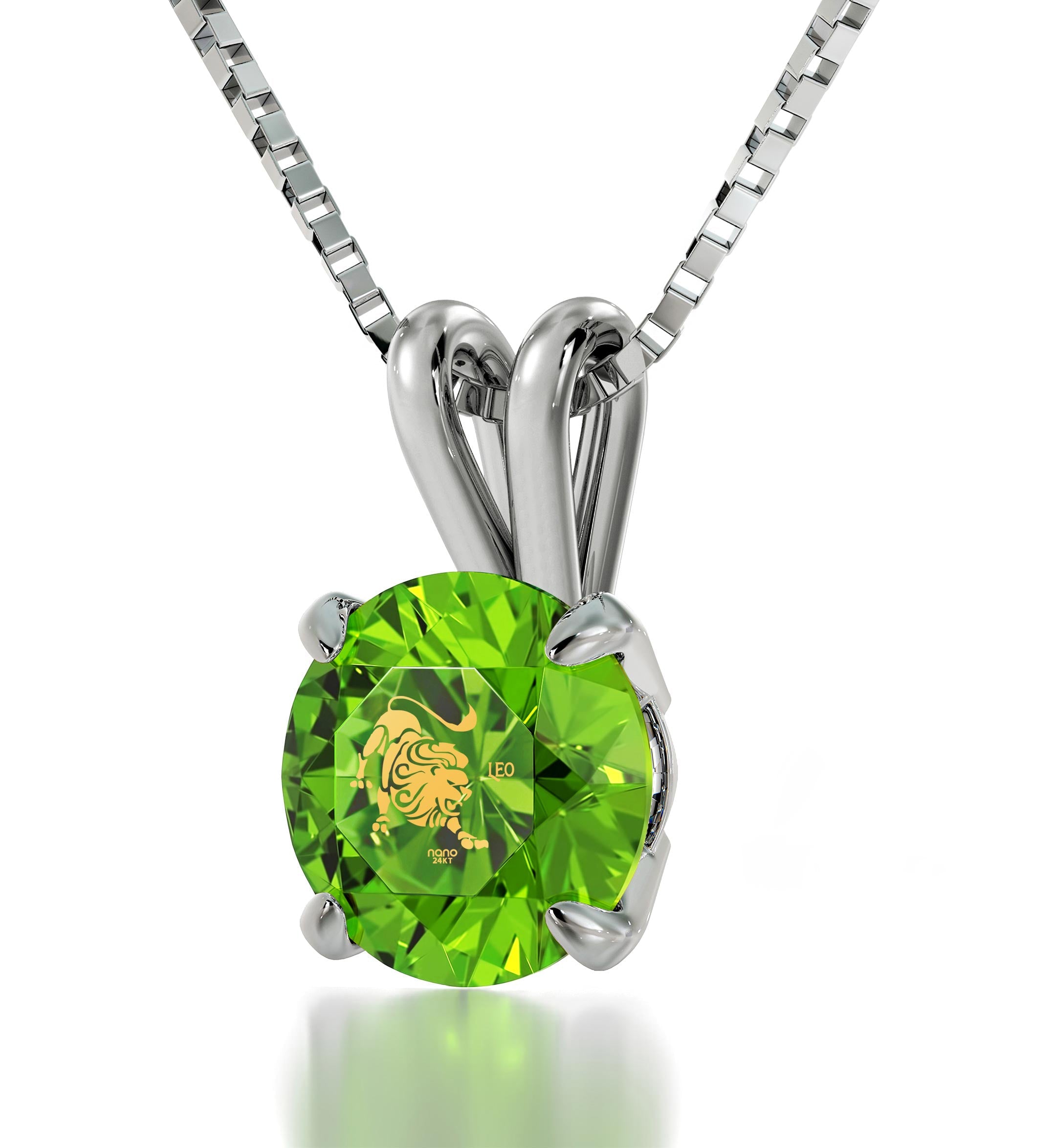 925 Sterling Silver Leo Necklace Zodiac Pendant with Green Gemstone, accompanied by a small tag with "nano jewelry" inscribed.